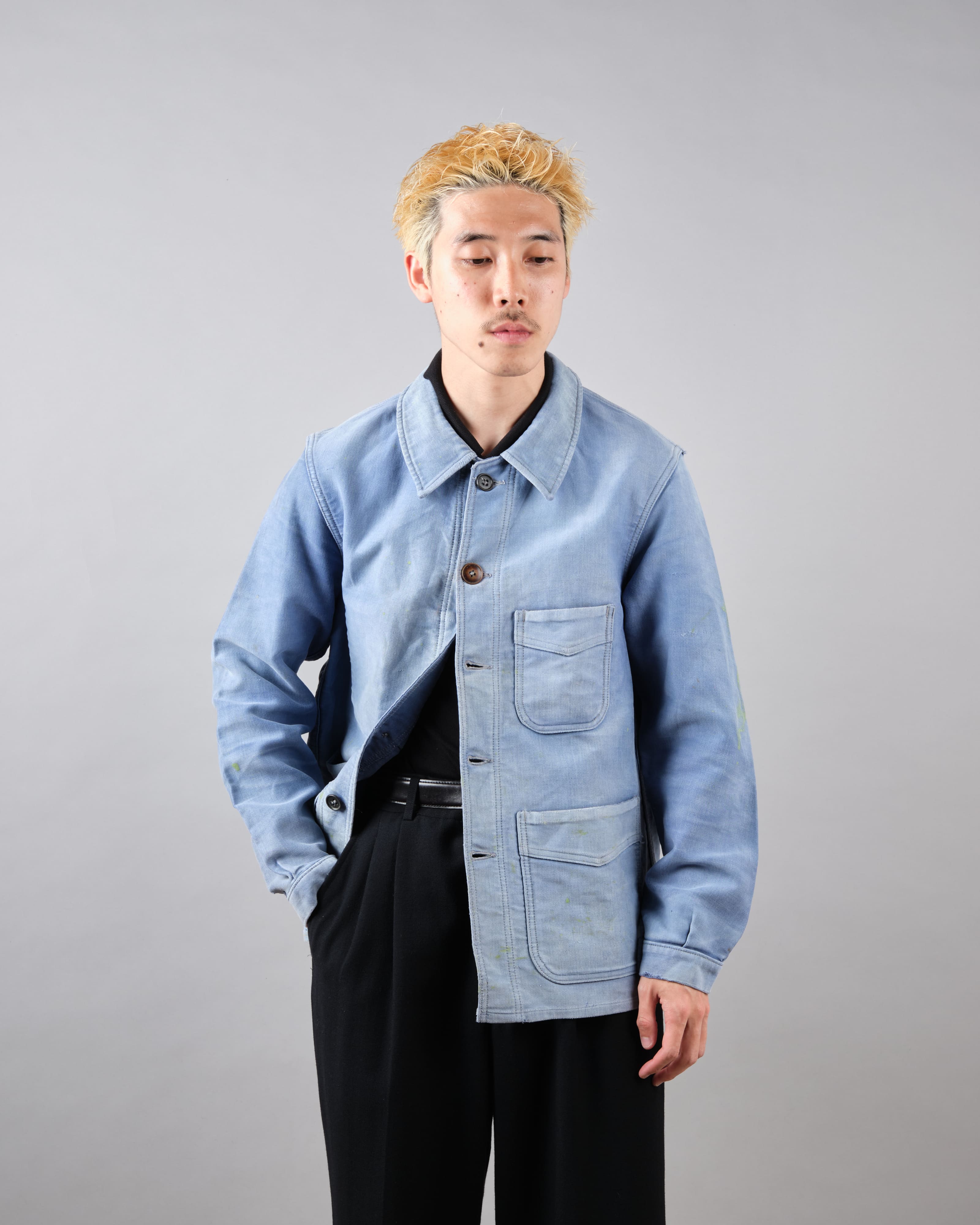 [~ 40's] Veste de travail de moleskin bleu vintage française "Adolphe Lafont"