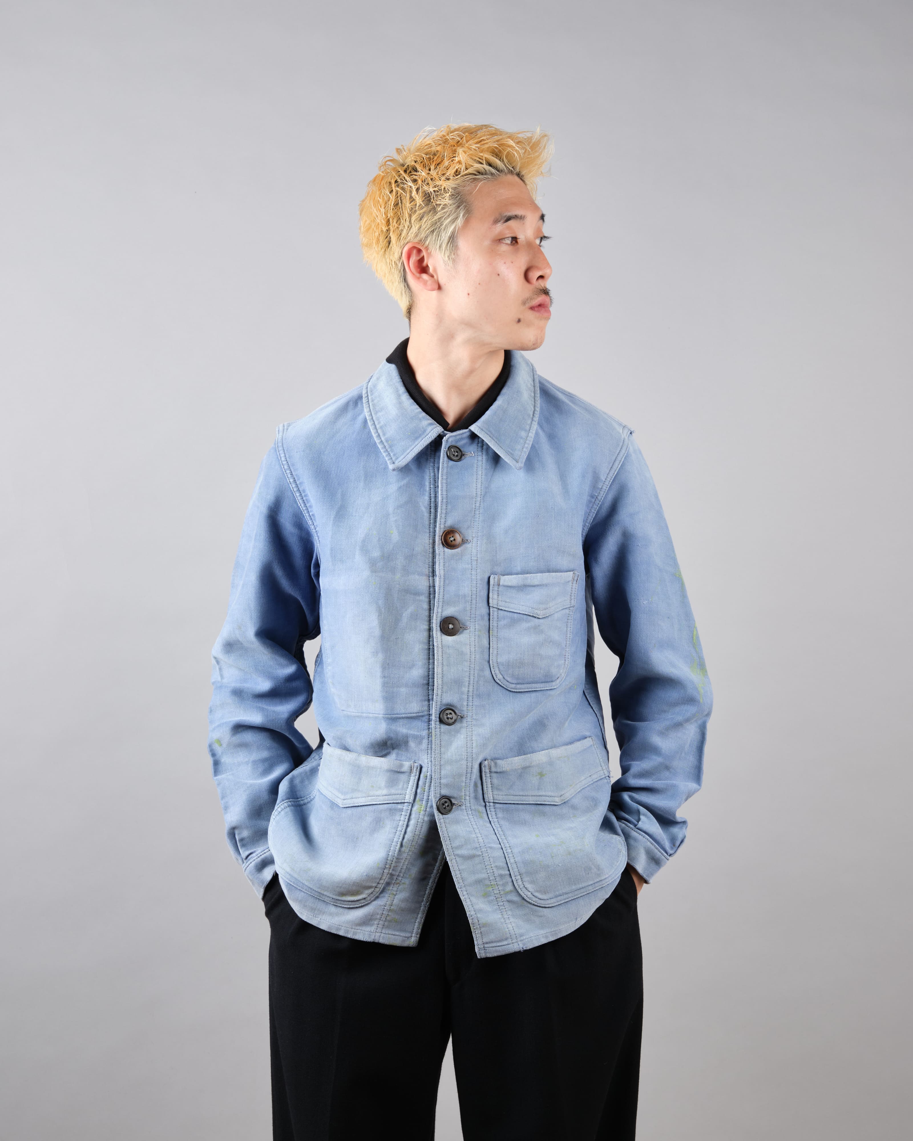 [~ 40's] Veste de travail de moleskin bleu vintage française "Adolphe Lafont"