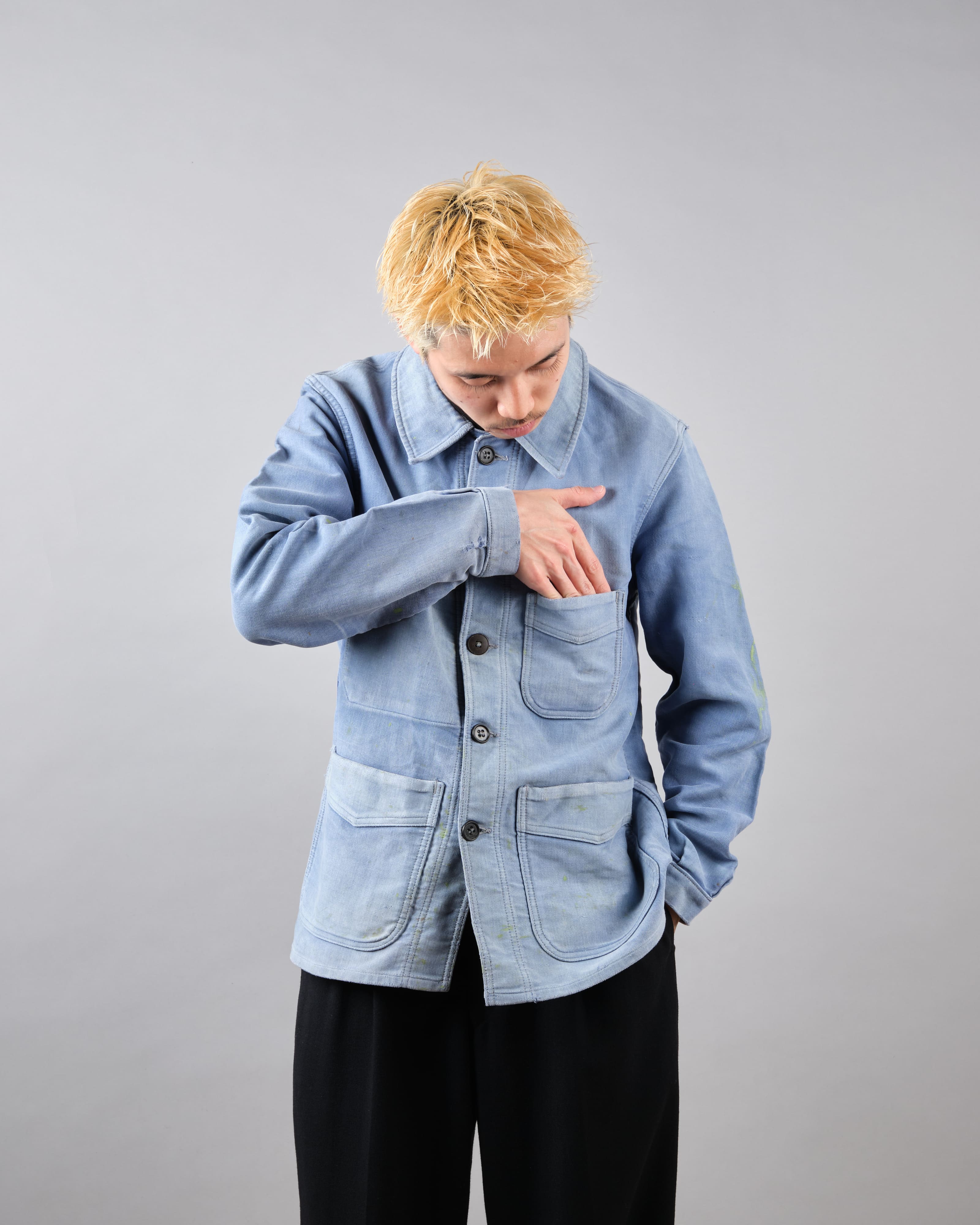 [~ 40's] Veste de travail de moleskin bleu vintage française "Adolphe Lafont"