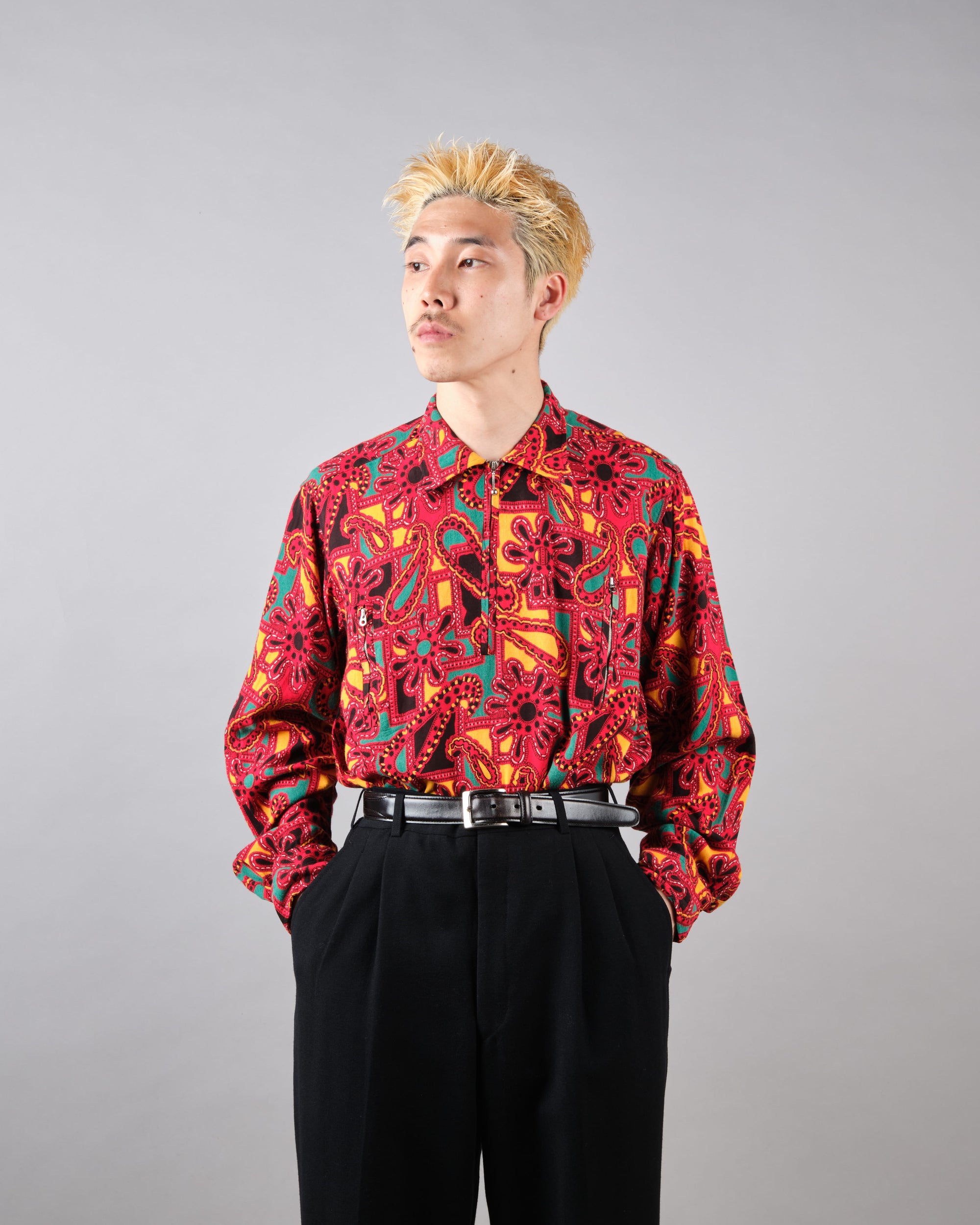 ［~70’s］German Vintage Atomic Pattern Half Zip Rayon Shirt