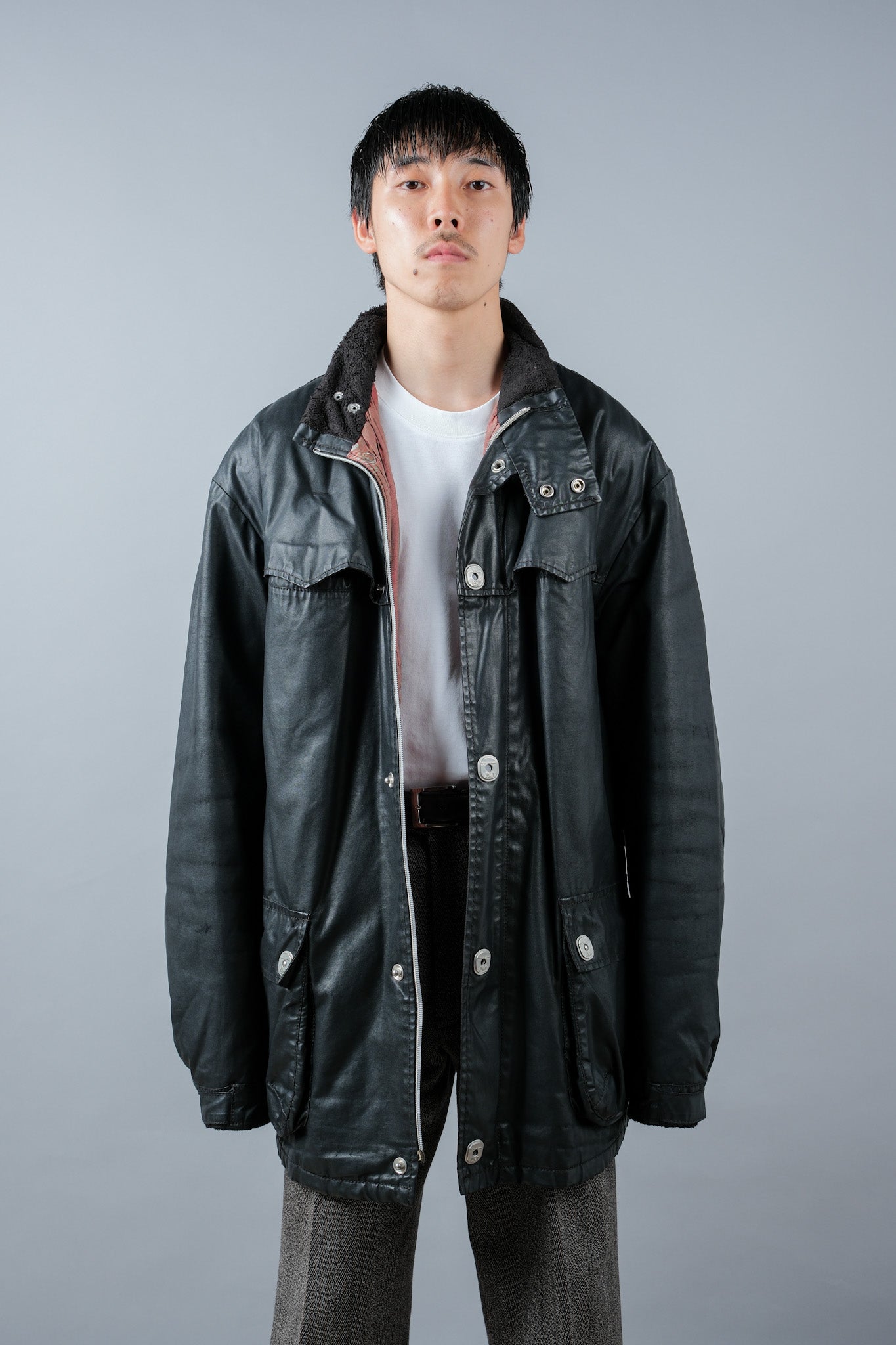 ［~90’s］Old ARMANI JEANS Black Cotton Resina Belted Jacket Size.54
