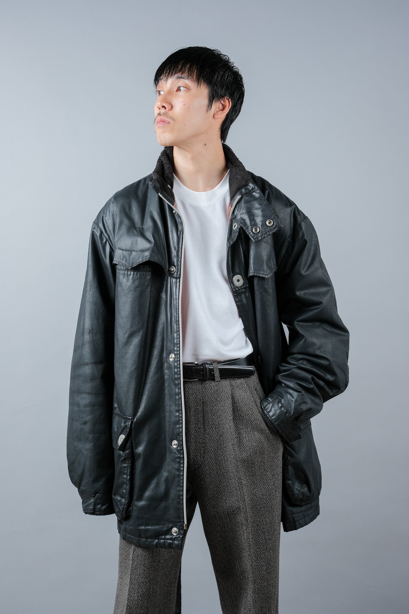 ［~90’s］Old ARMANI JEANS Black Cotton Resina Belted Jacket Size.54