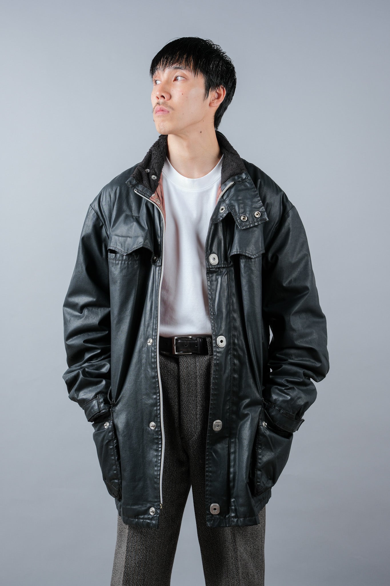 ［~90’s］Old ARMANI JEANS Black Cotton Resina Belted Jacket Size.54