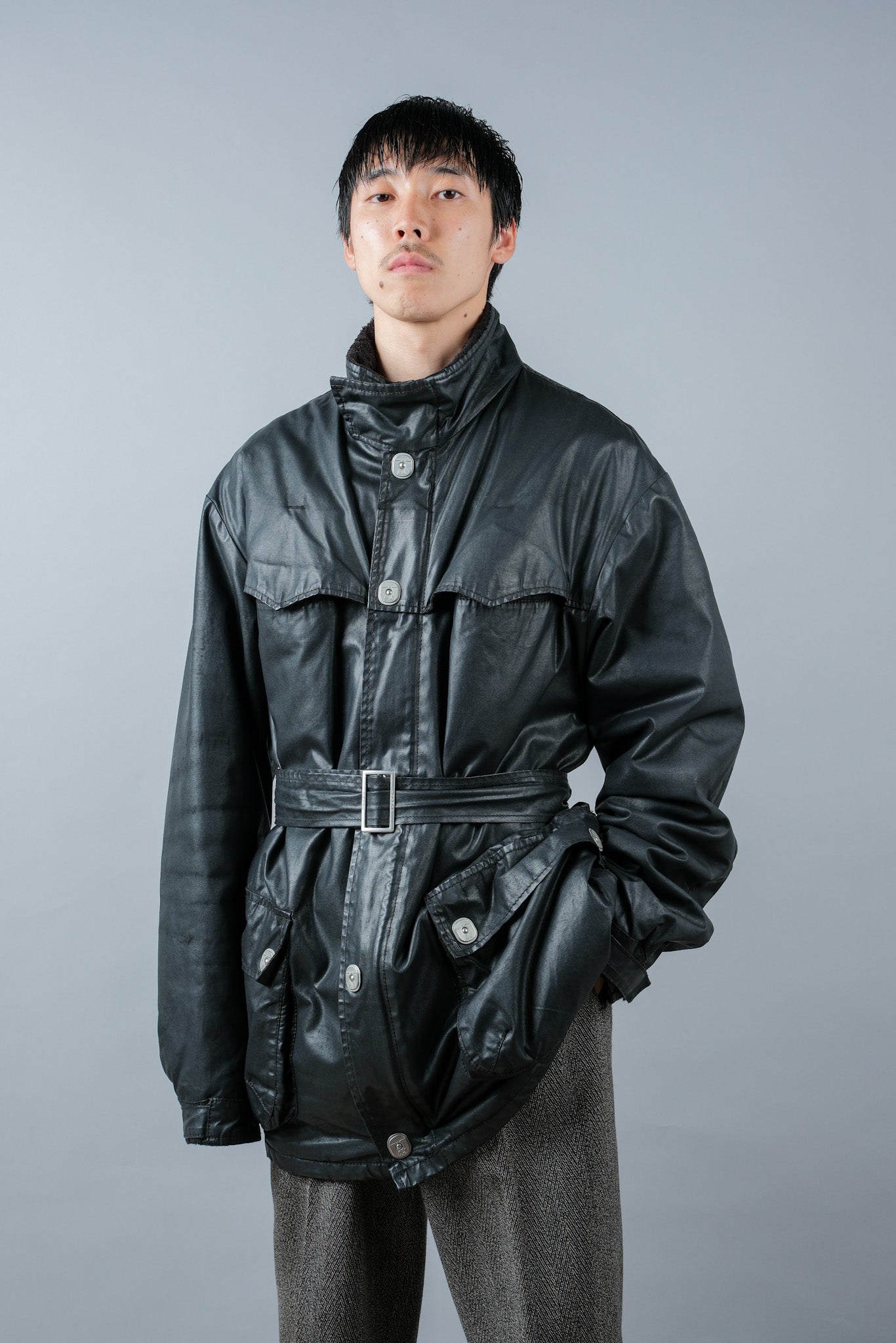 ［~90’s］Old ARMANI JEANS Black Cotton Resina Belted Jacket Size.54