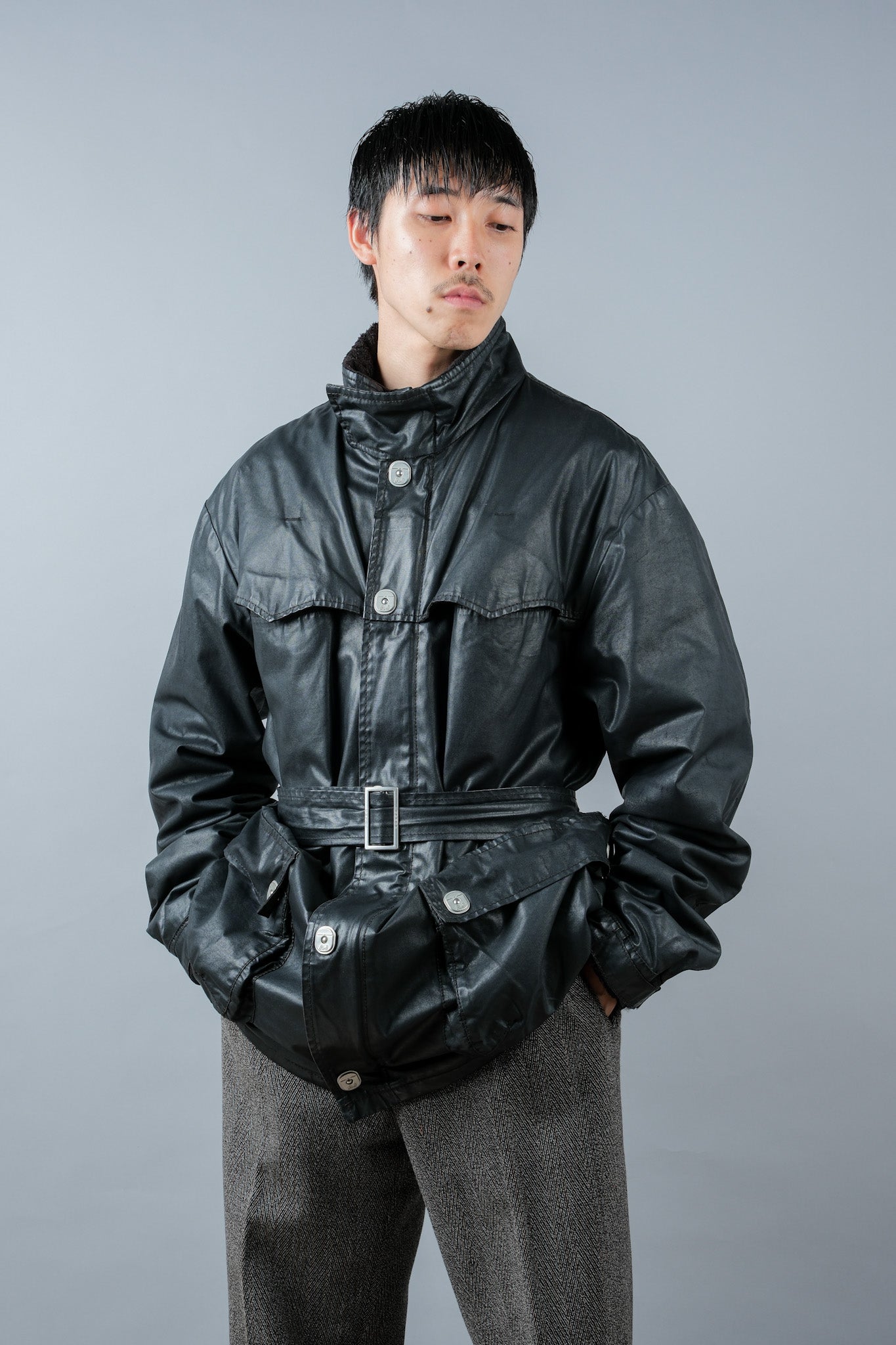 ［~90’s］Old ARMANI JEANS Black Cotton Resina Belted Jacket Size.54
