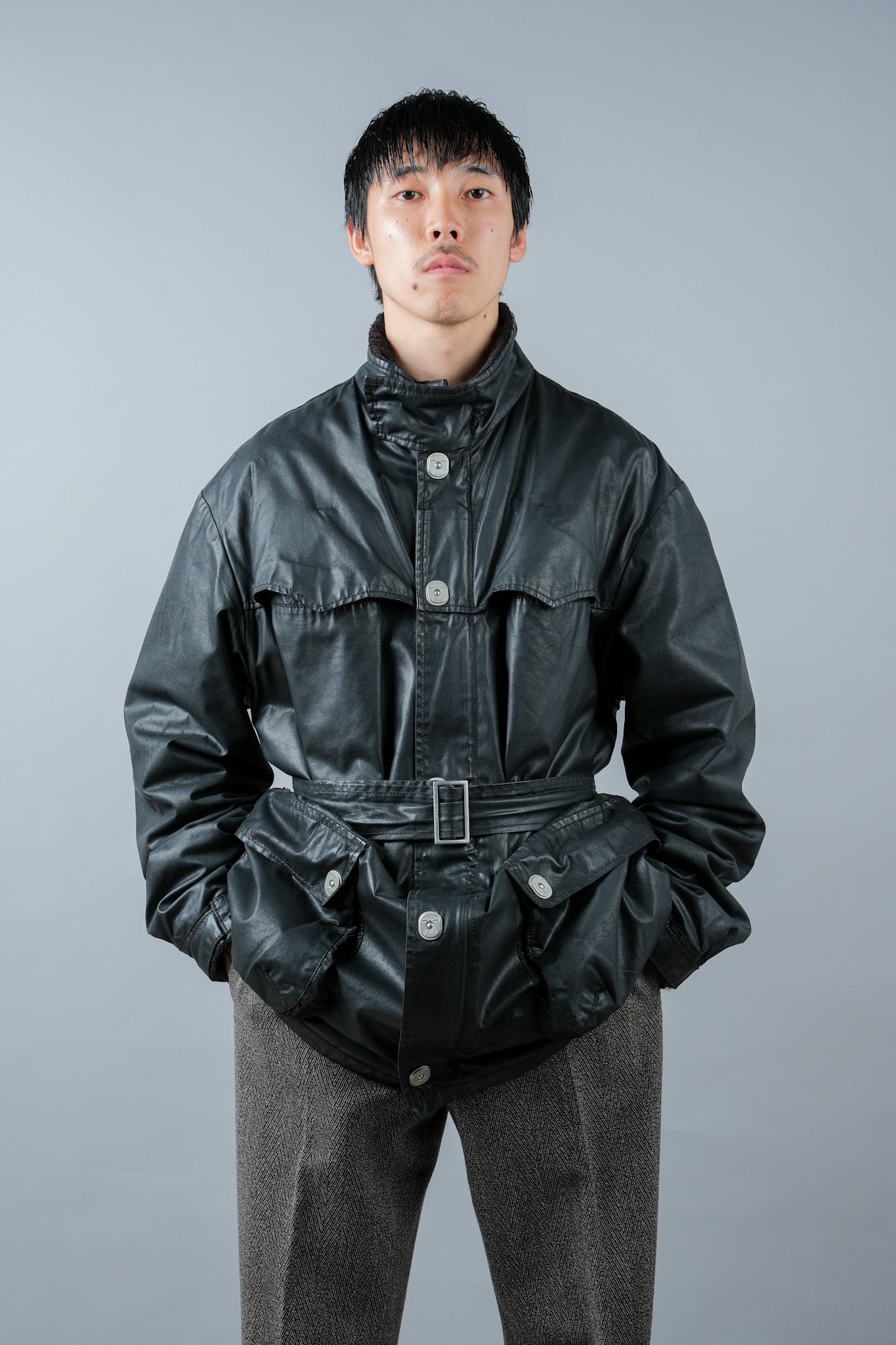 ［~90’s］Old ARMANI JEANS Black Cotton Resina Belted Jacket Size.54