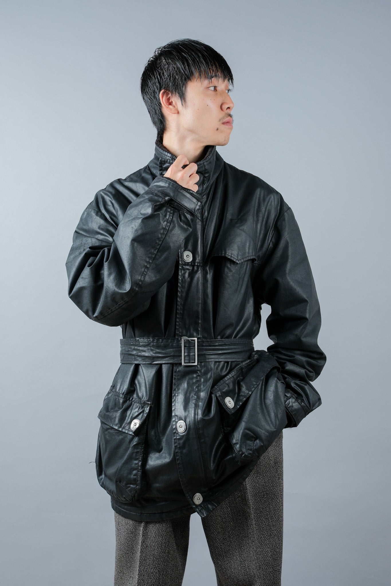 ［~90’s］Old ARMANI JEANS Black Cotton Resina Belted Jacket Size.54