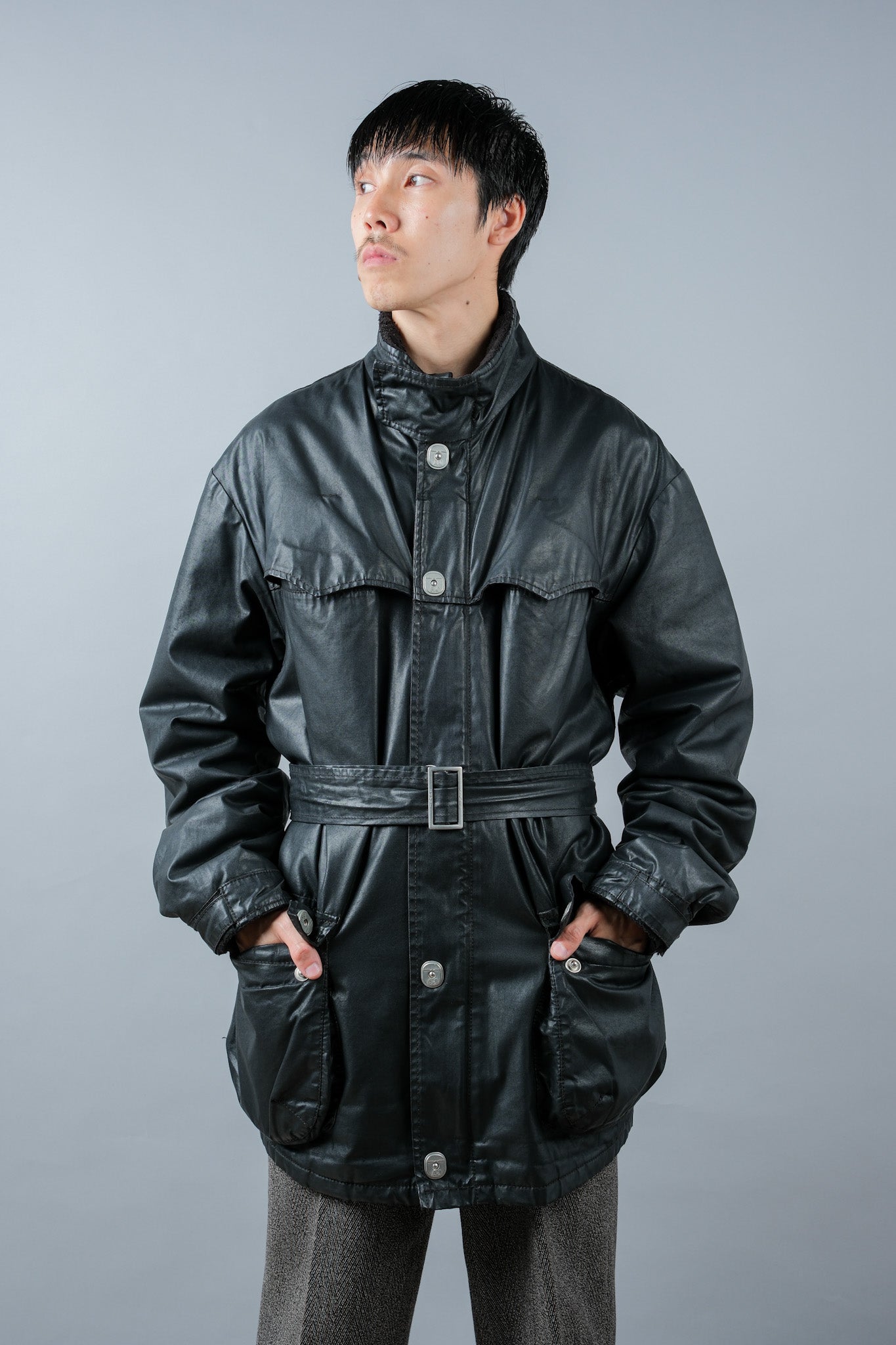 ［~90’s］Old ARMANI JEANS Black Cotton Resina Belted Jacket Size.54
