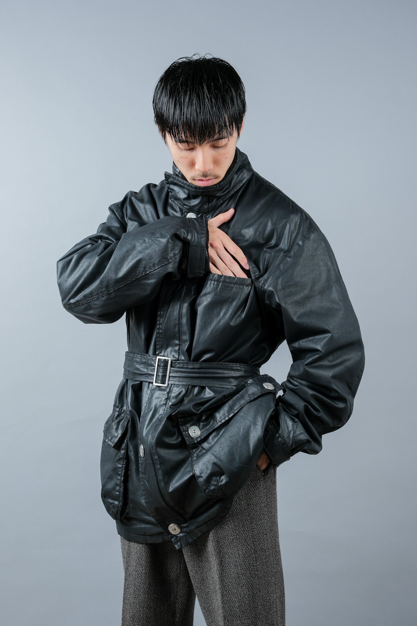 ［~90’s］Old ARMANI JEANS Black Cotton Resina Belted Jacket Size.54