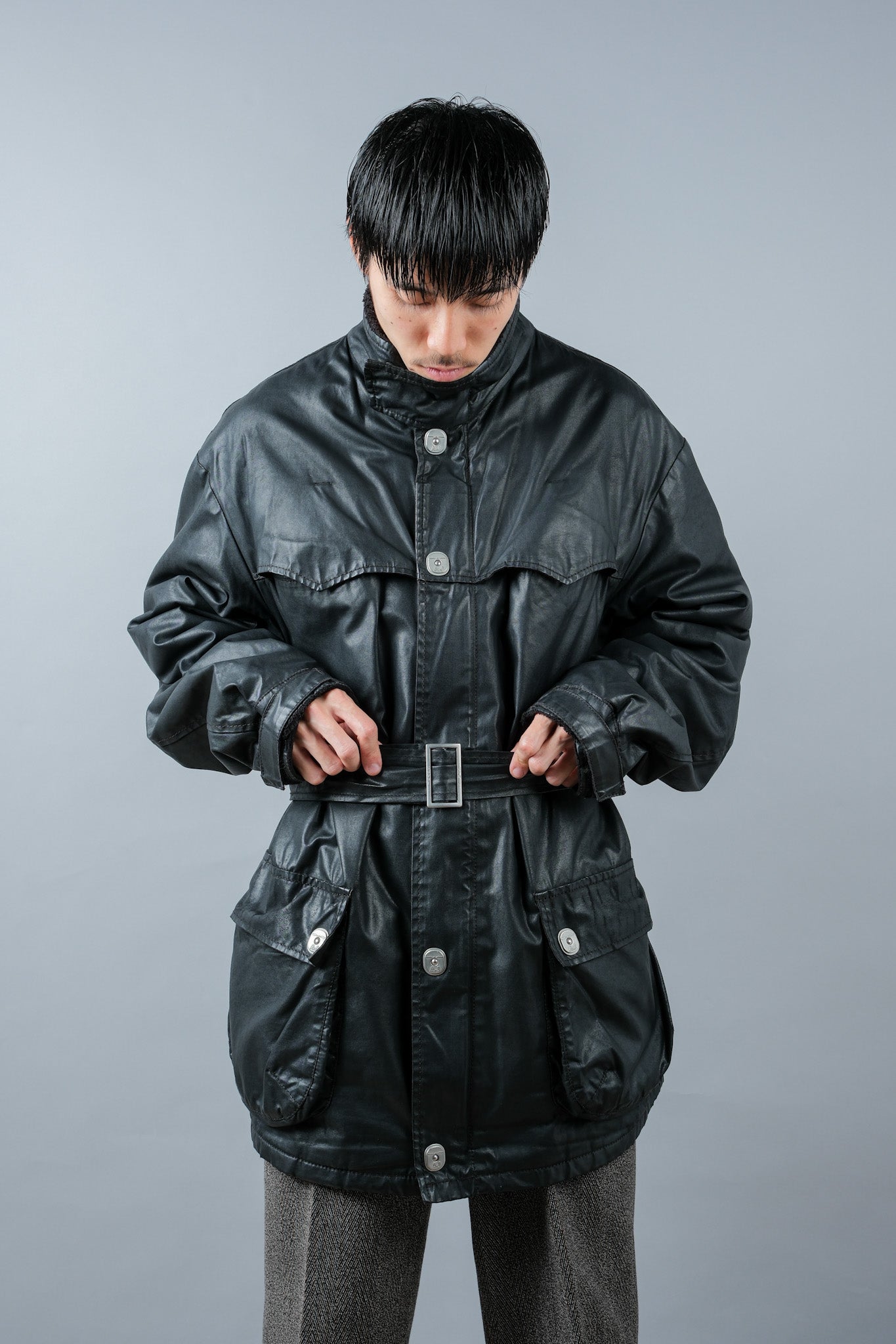 ［~90’s］Old ARMANI JEANS Black Cotton Resina Belted Jacket Size.54