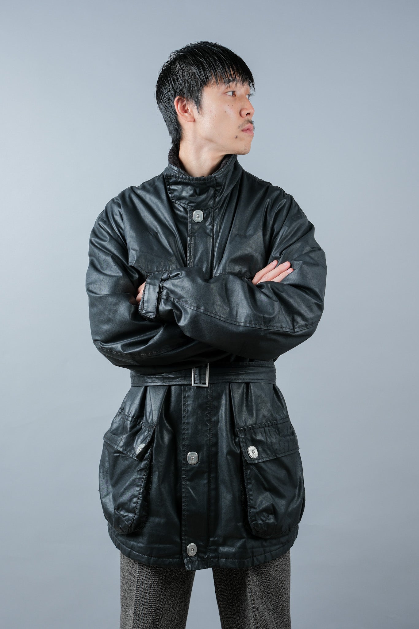 ［~90’s］Old ARMANI JEANS Black Cotton Resina Belted Jacket Size.54