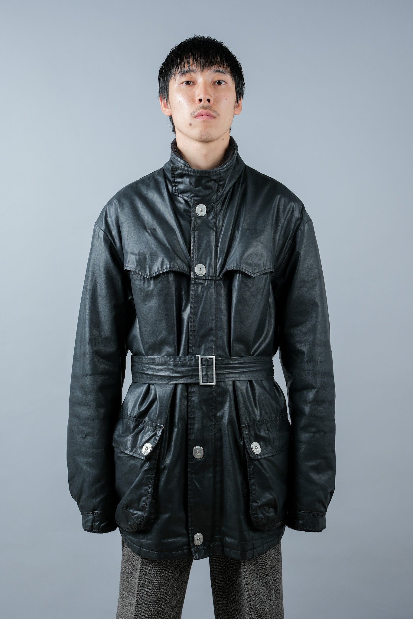 ［~90’s］Old ARMANI JEANS Black Cotton Resina Belted Jacket Size.54