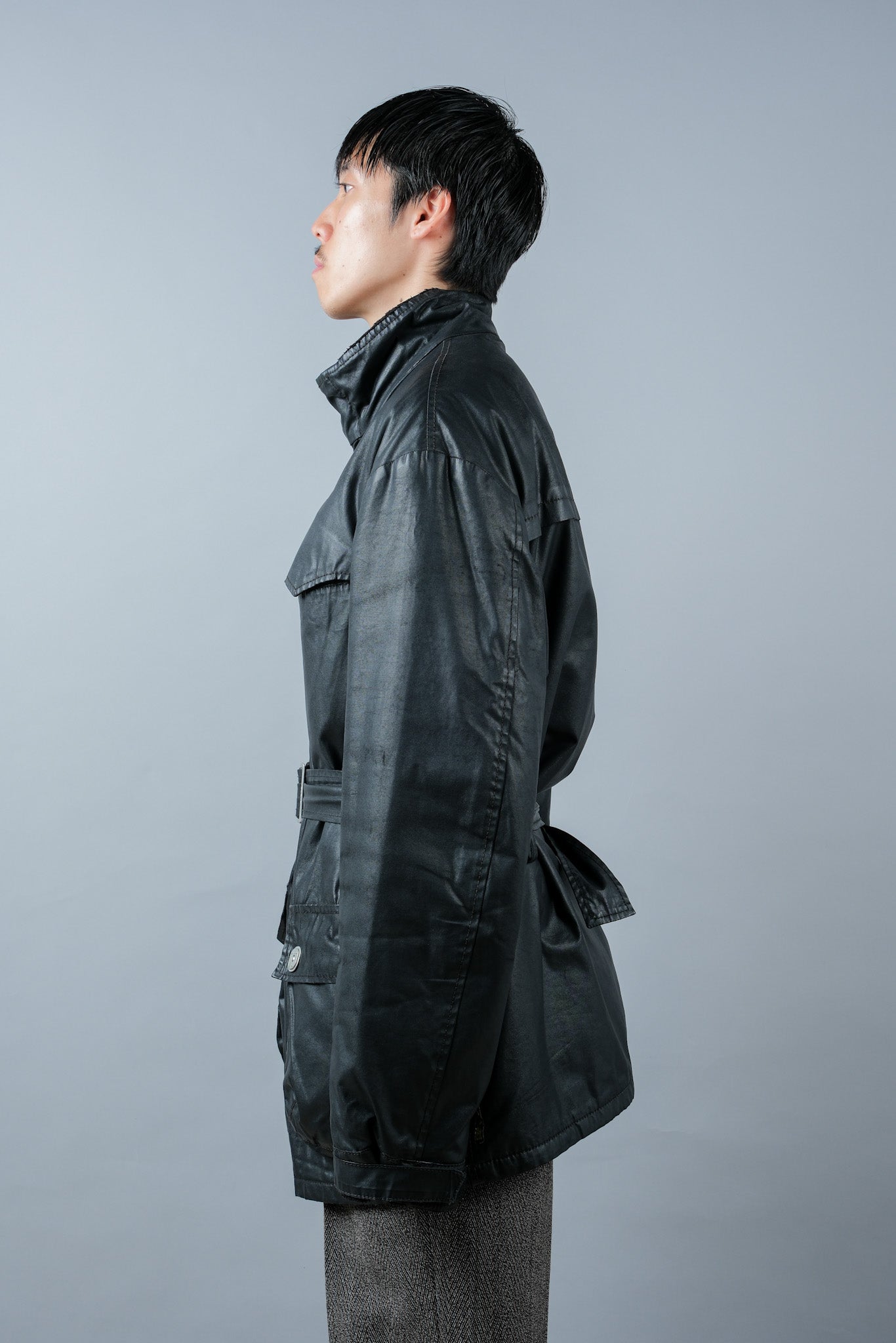 ［~90’s］Old ARMANI JEANS Black Cotton Resina Belted Jacket Size.54
