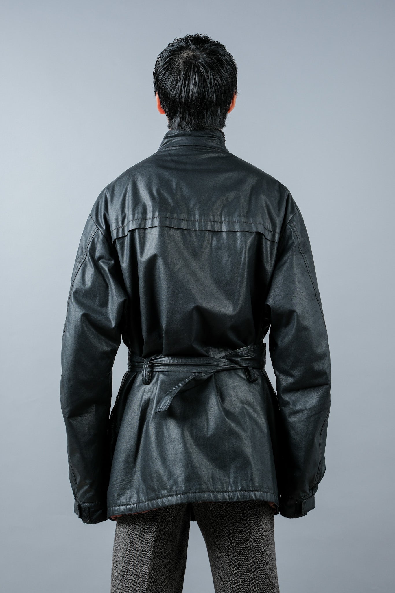 ［~90’s］Old ARMANI JEANS Black Cotton Resina Belted Jacket Size.54