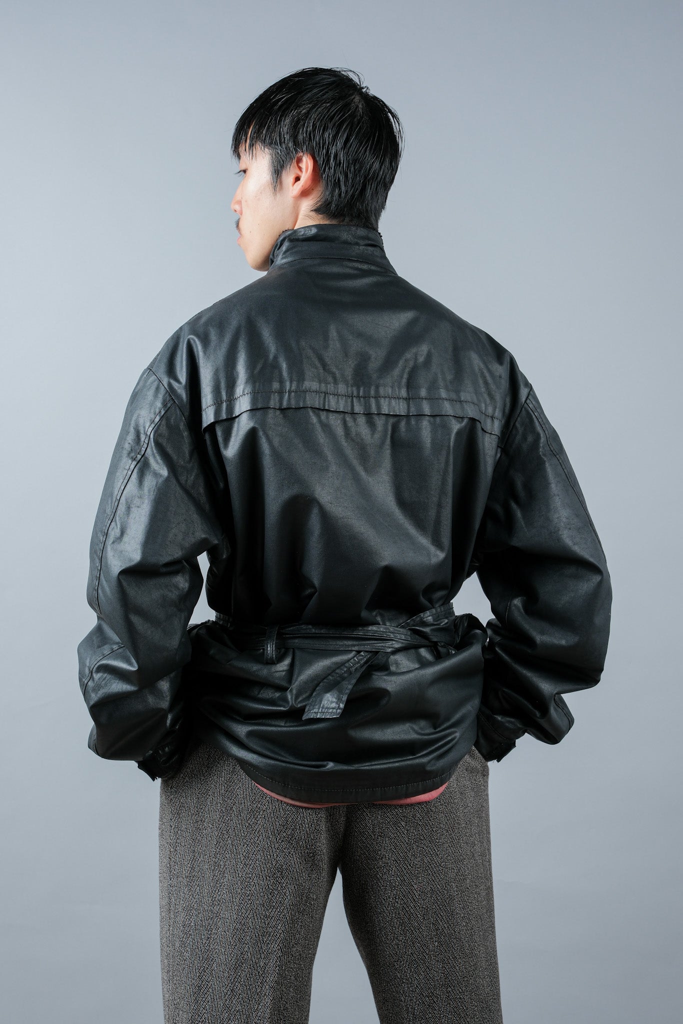 ［~90’s］Old ARMANI JEANS Black Cotton Resina Belted Jacket Size.54