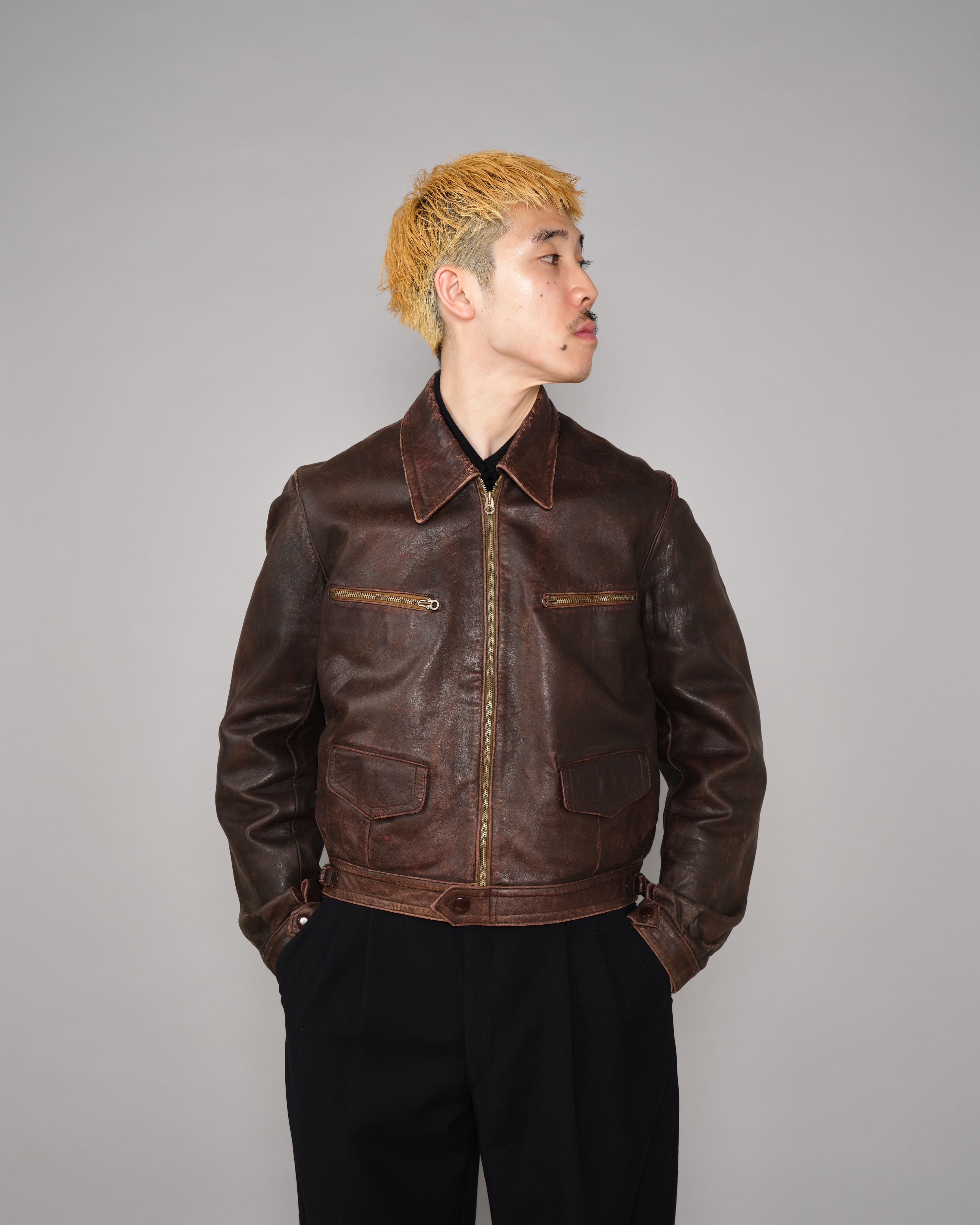40's］French Vintage Hartmann Type Motorcycle Leather Jacket