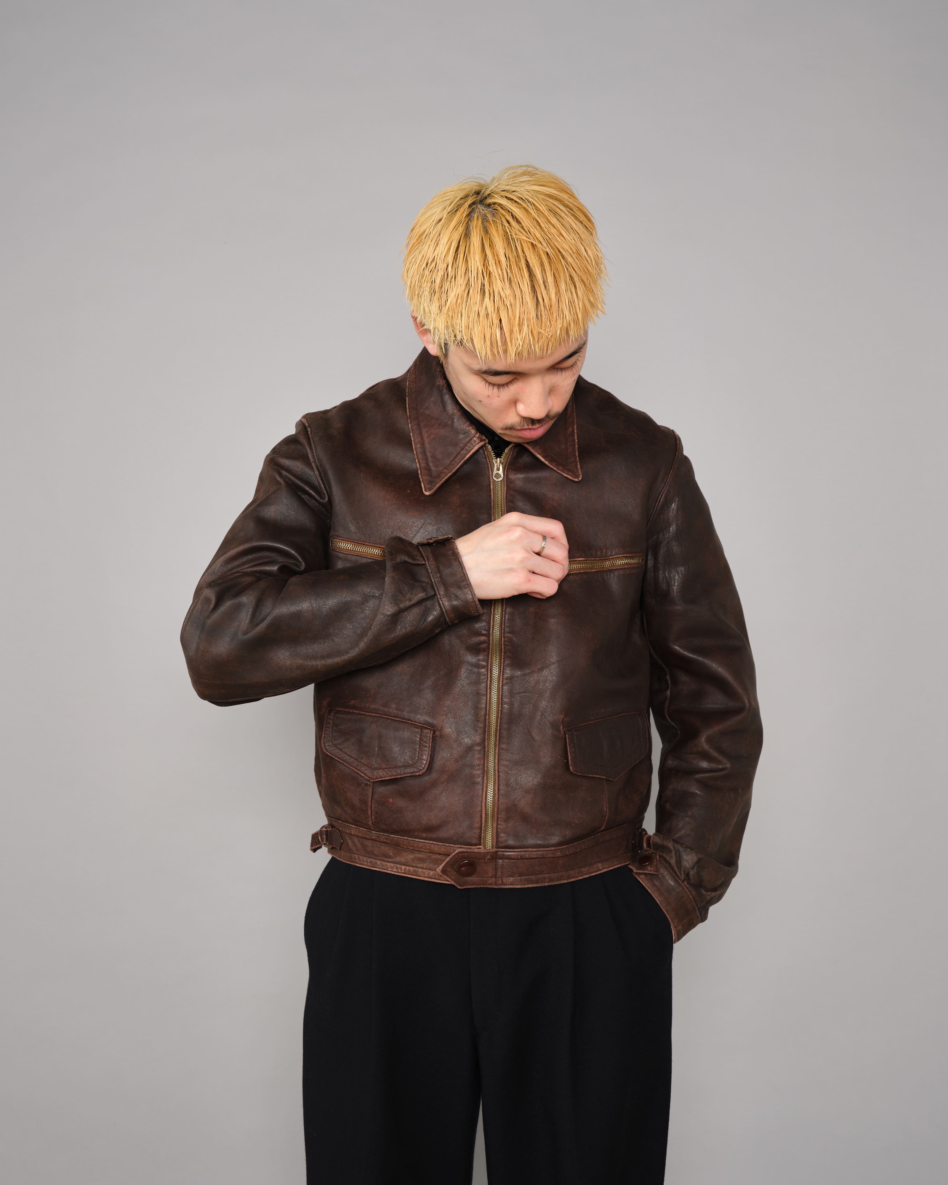40's］French Vintage Hartmann Type Motorcycle Leather Jacket