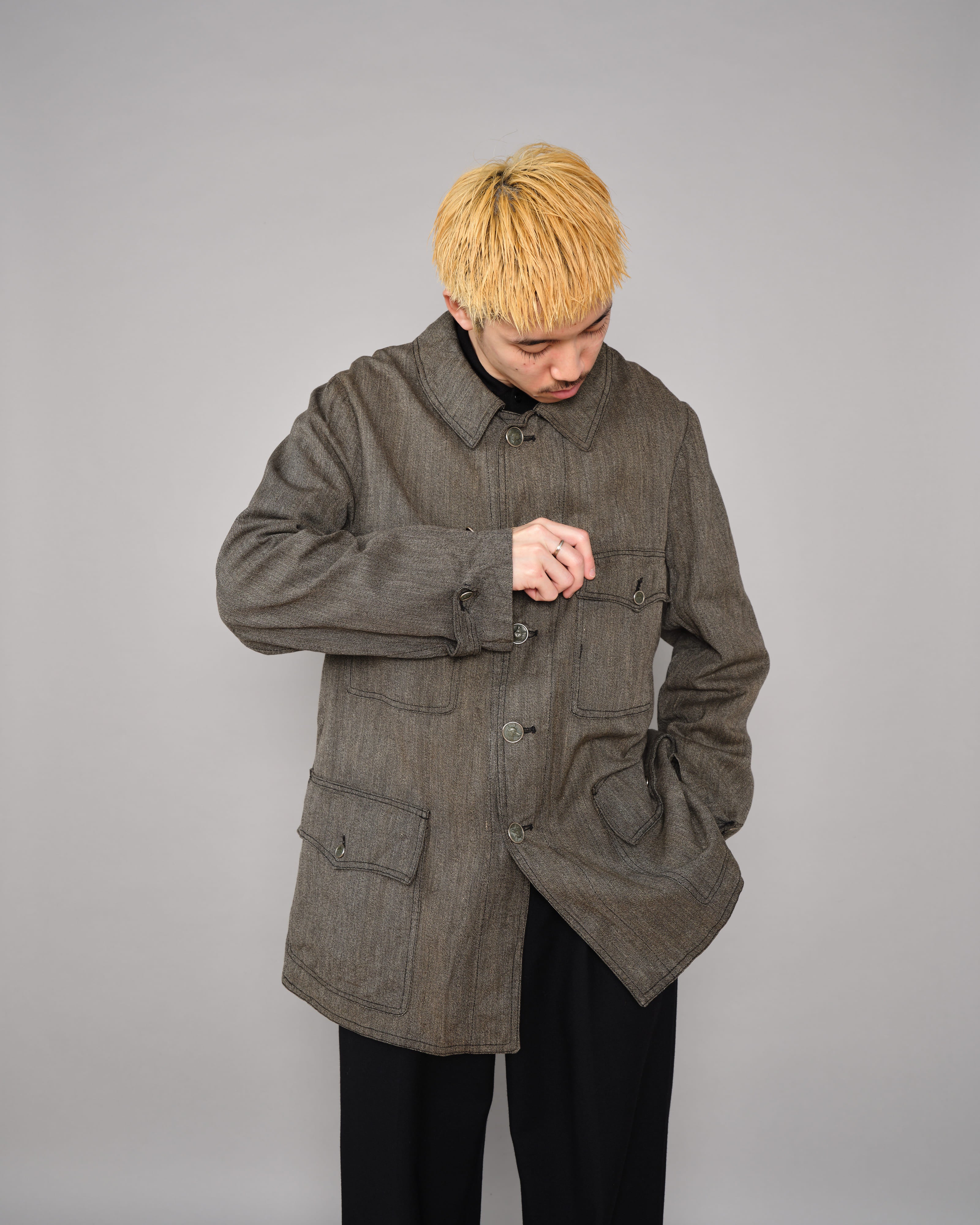 【~30’s】French Vintage Salt & Pepper HBT Cotton Hunting Jacket