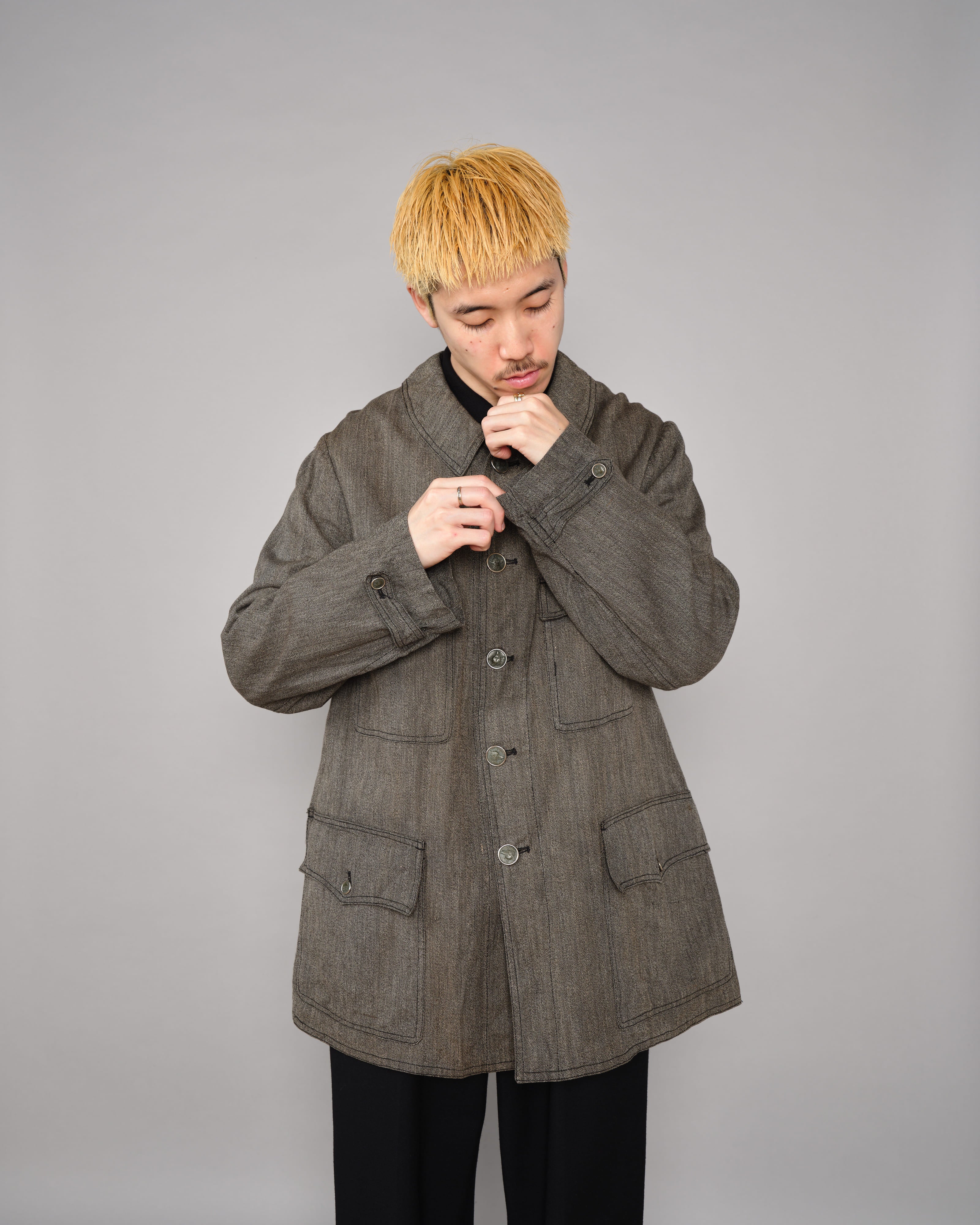 【~30’s】French Vintage Salt & Pepper HBT Cotton Hunting Jacket