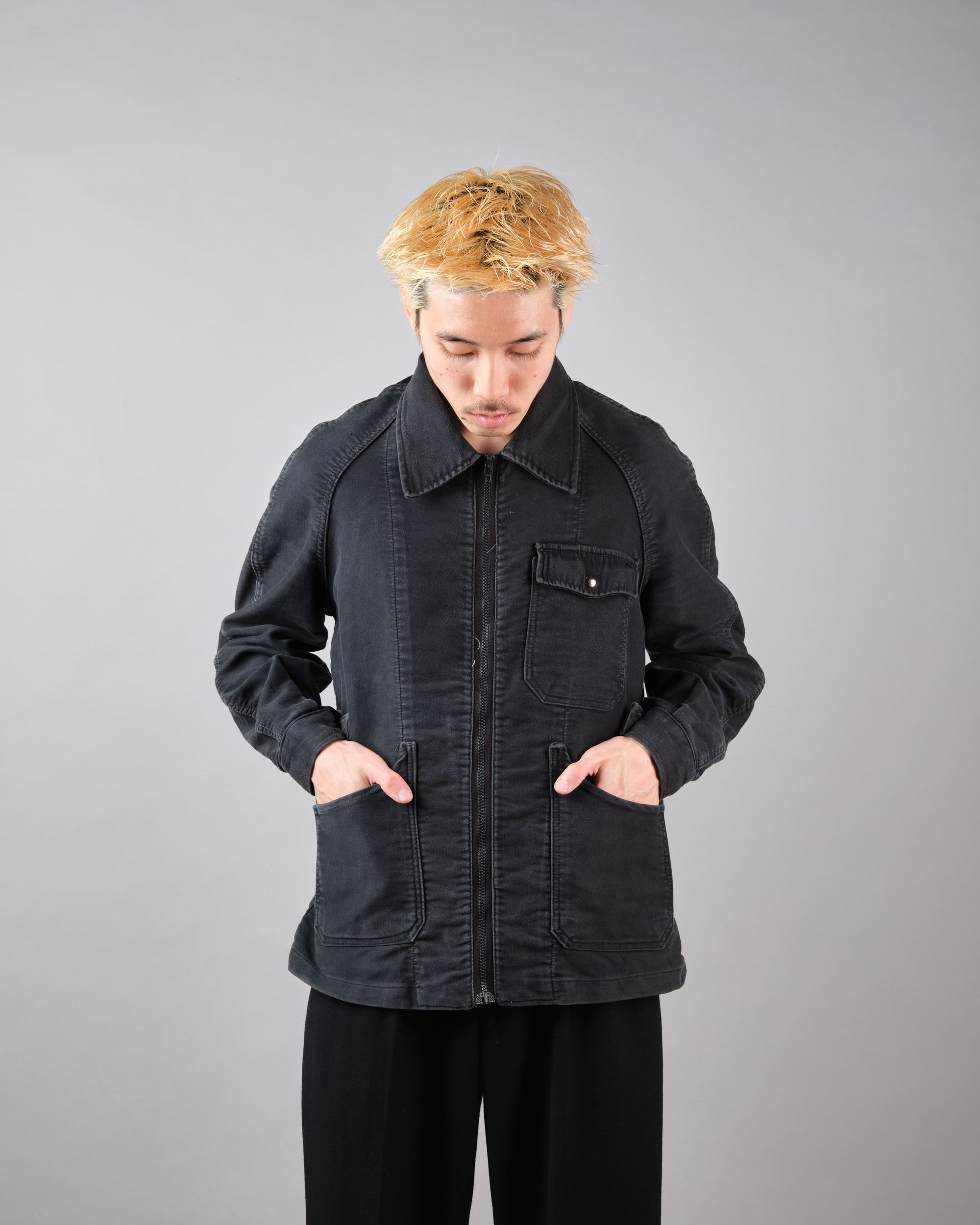［~70's］Europe Vintage Raglan Sleeve Black Moleskin Zip Up Jacket
