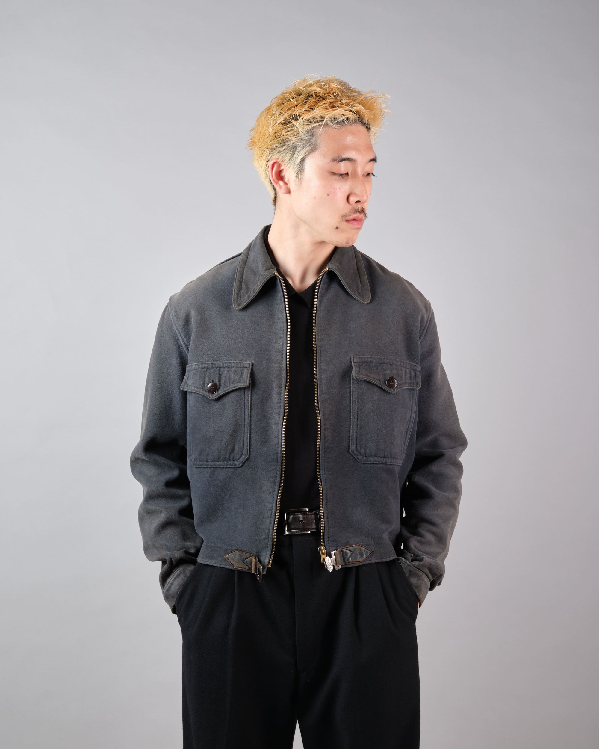 【~40's】French Vintage Dark Navy Peachskin Cyclist Jacket