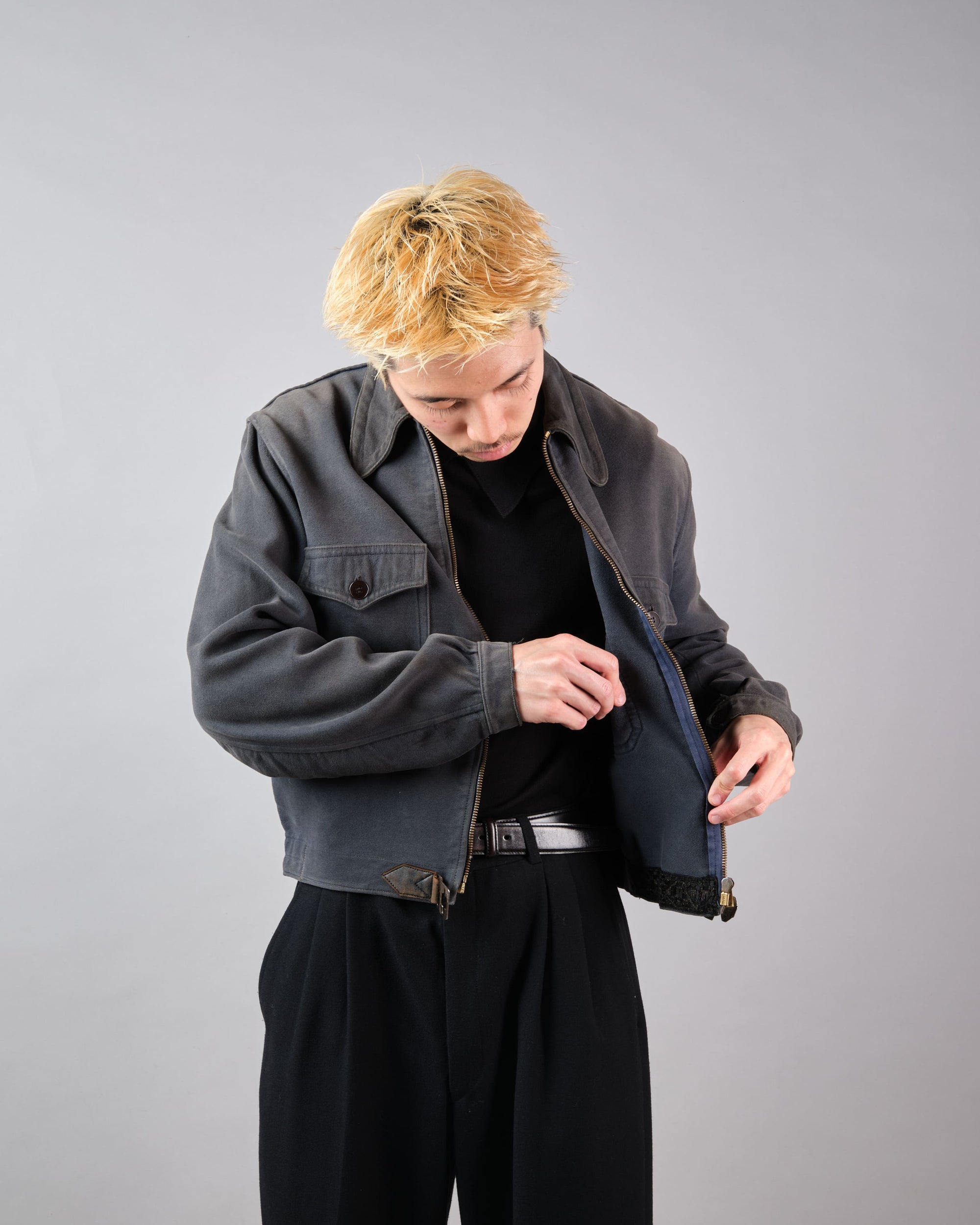 【~40's】French Vintage Dark Navy Peachskin Cyclist Jacket