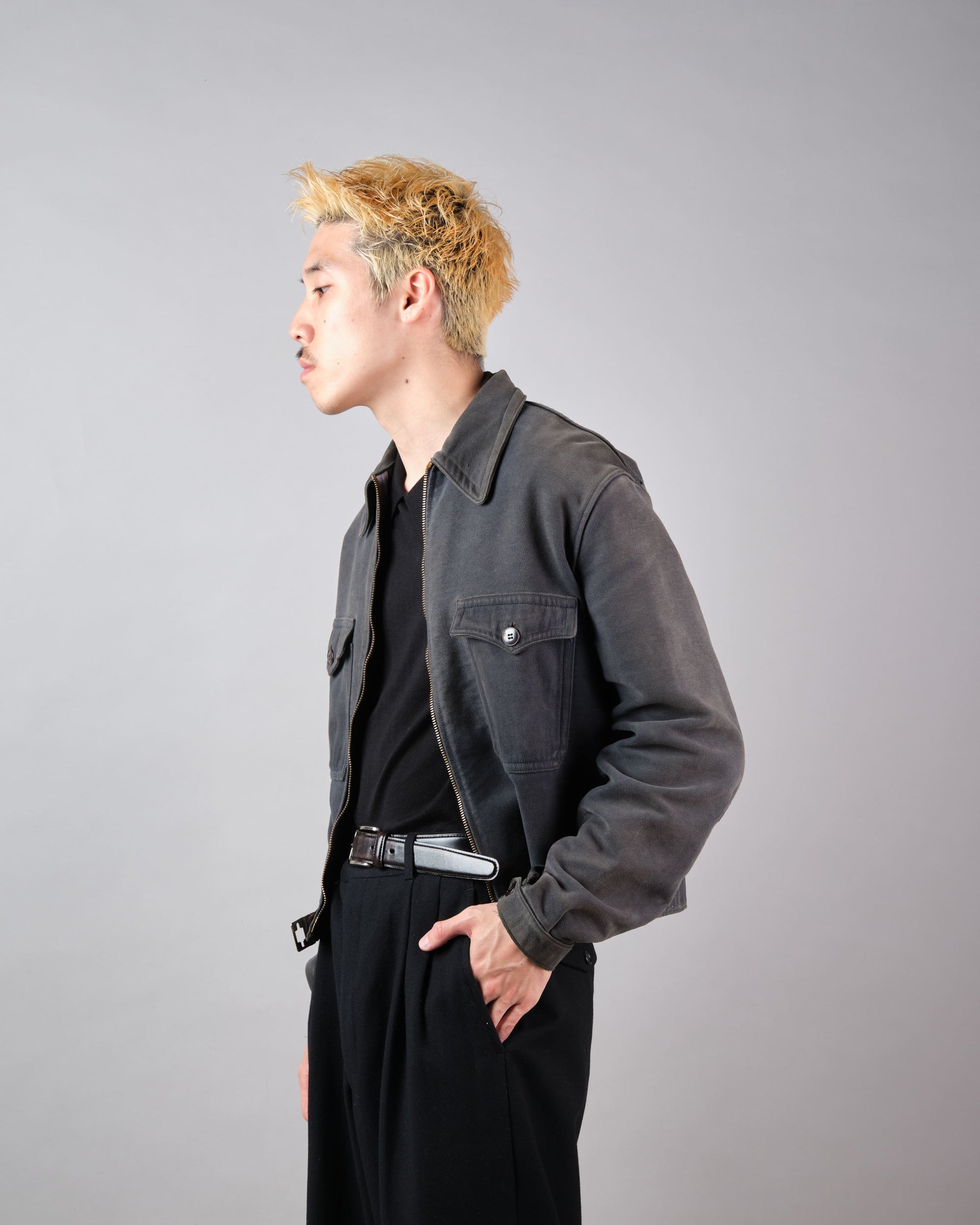 【~40's】French Vintage Dark Navy Peachskin Cyclist Jacket
