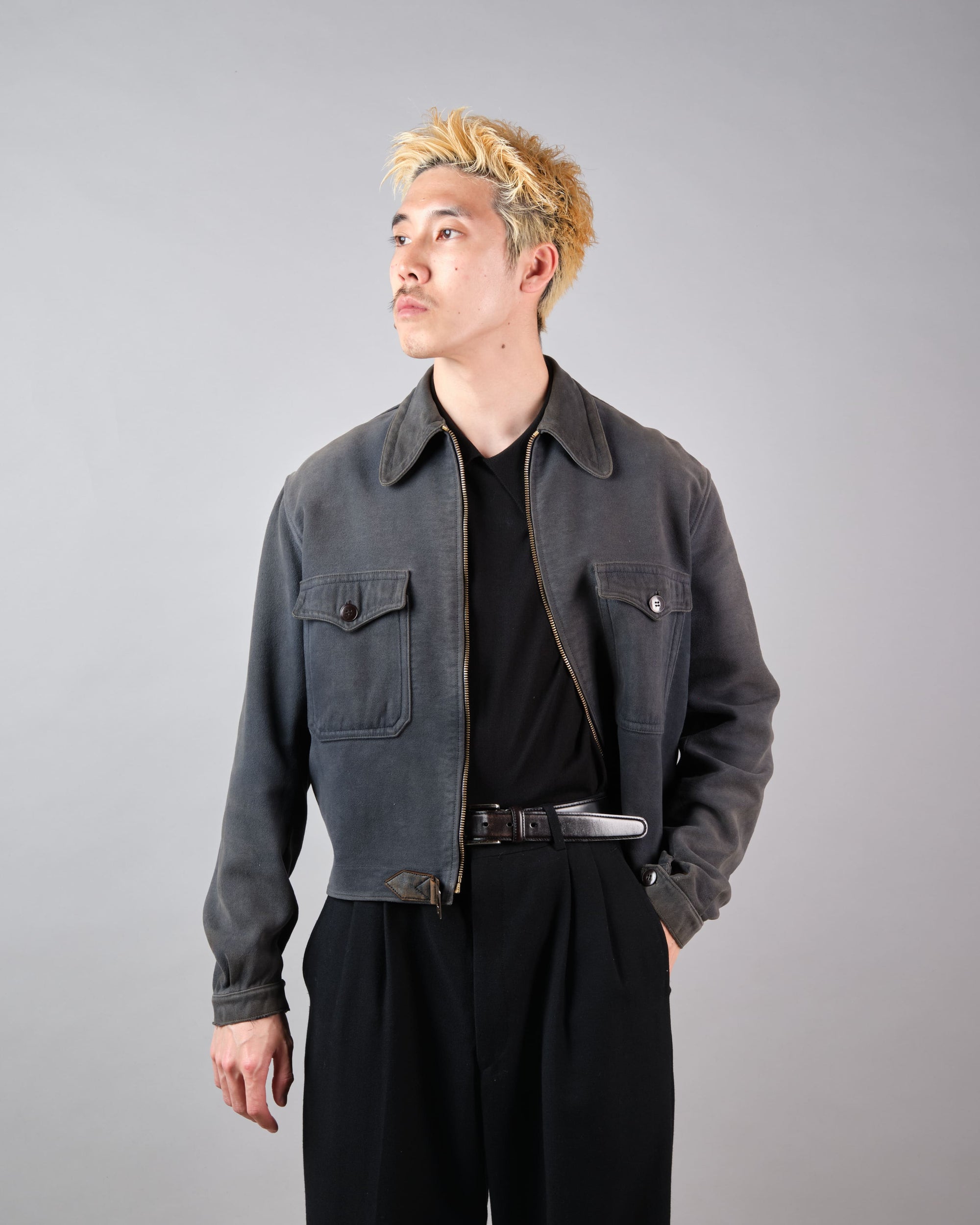 【~40's】French Vintage Dark Navy Peachskin Cyclist Jacket