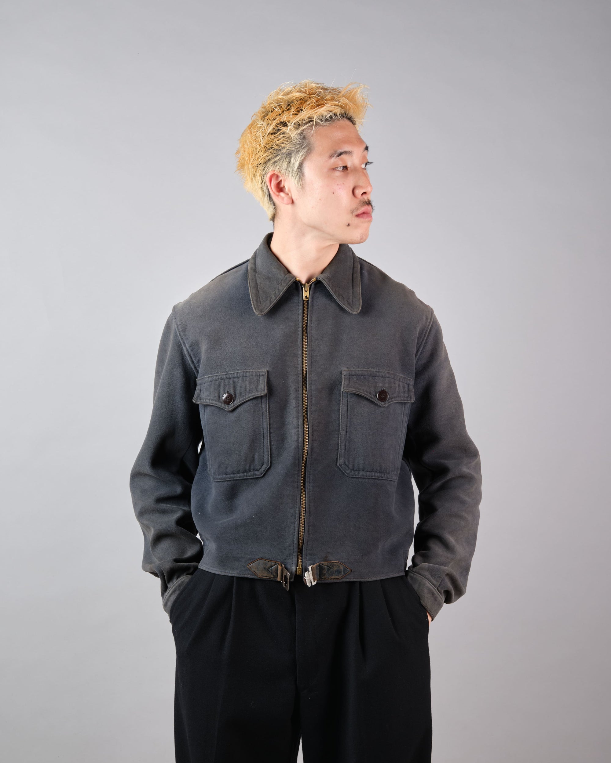 【~40's】French Vintage Dark Navy Peachskin Cyclist Jacket