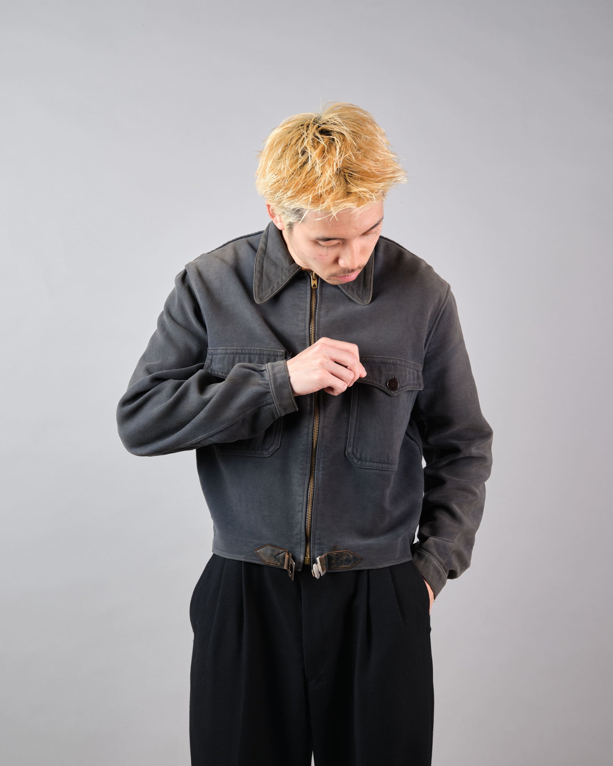 【~40's】French Vintage Dark Navy Peachskin Cyclist Jacket