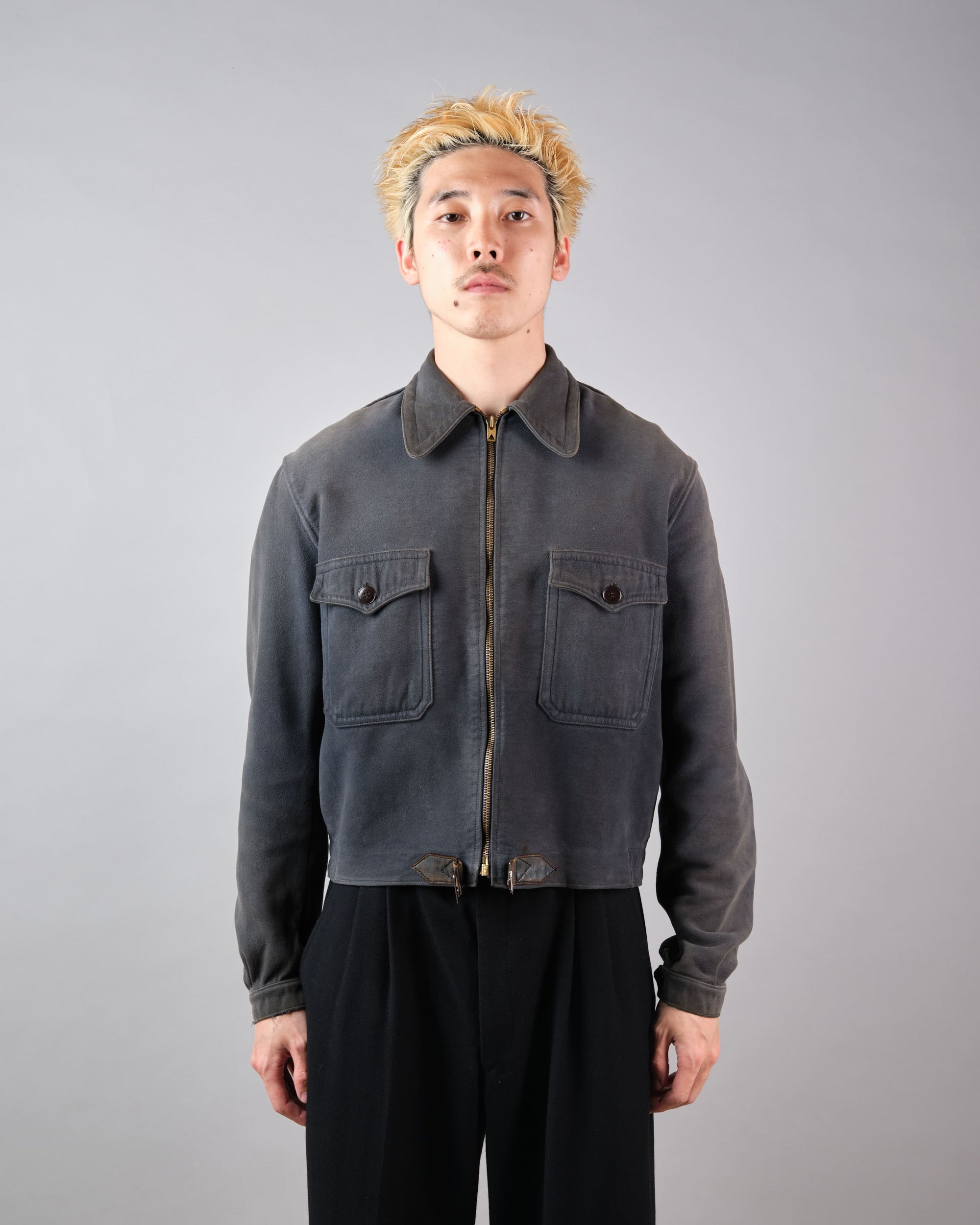 【~40's】French Vintage Dark Navy Peachskin Cyclist Jacket