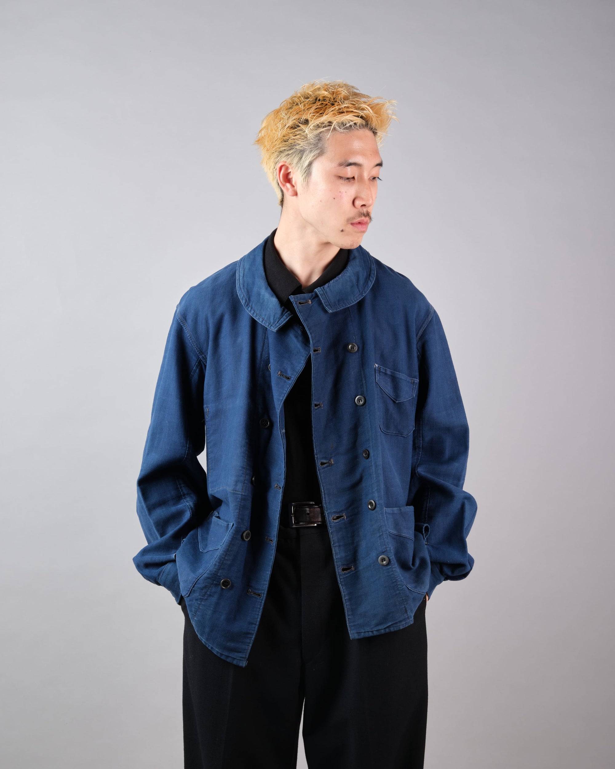 ［~30's］French Vintage Deep Blue Cotton Thin Twill Double Breasted Work Jacket "12 Buttons" "Homemade"