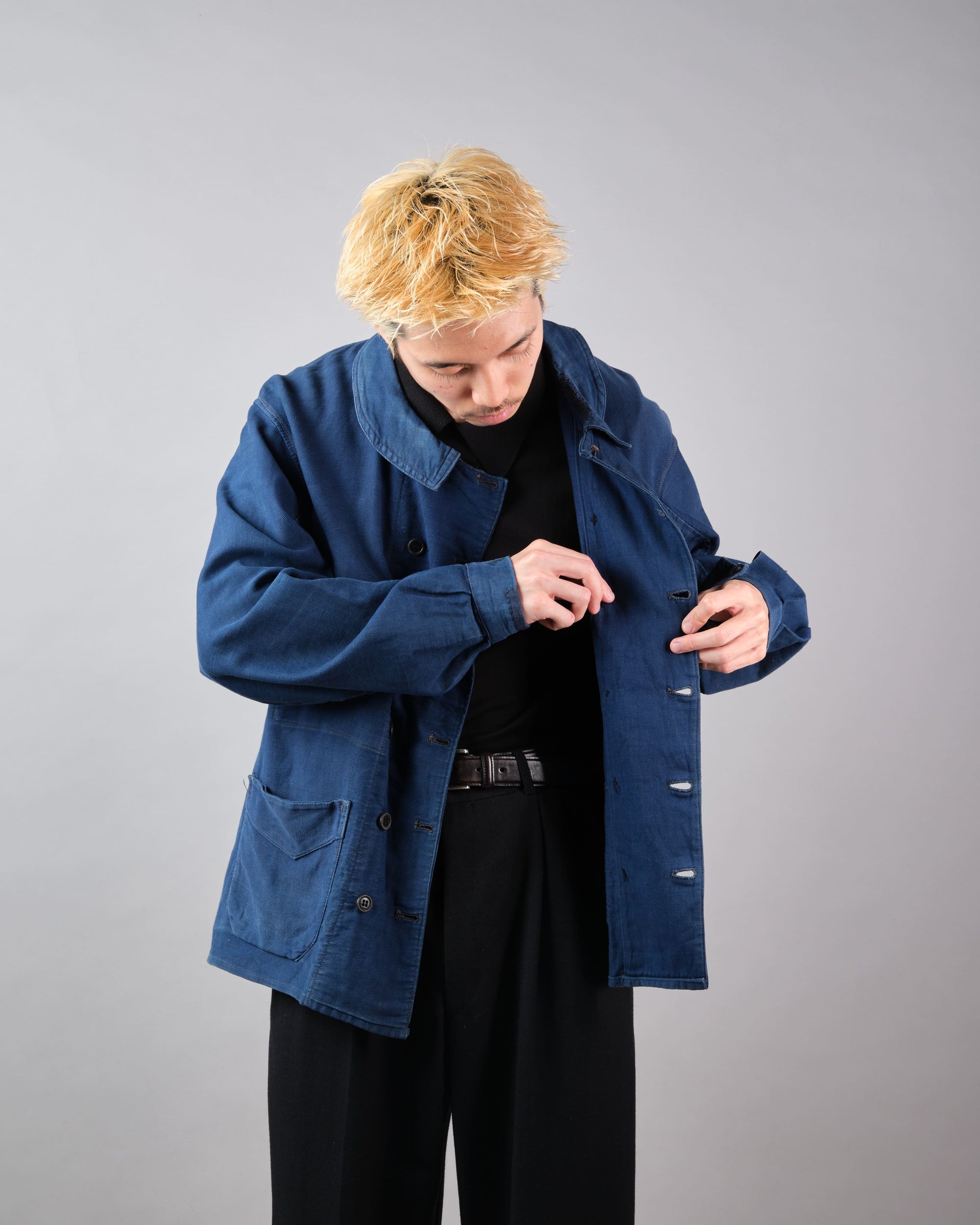 ［~30's］French Vintage Deep Blue Cotton Thin Twill Double Breasted Work Jacket "12 Buttons" "Homemade"