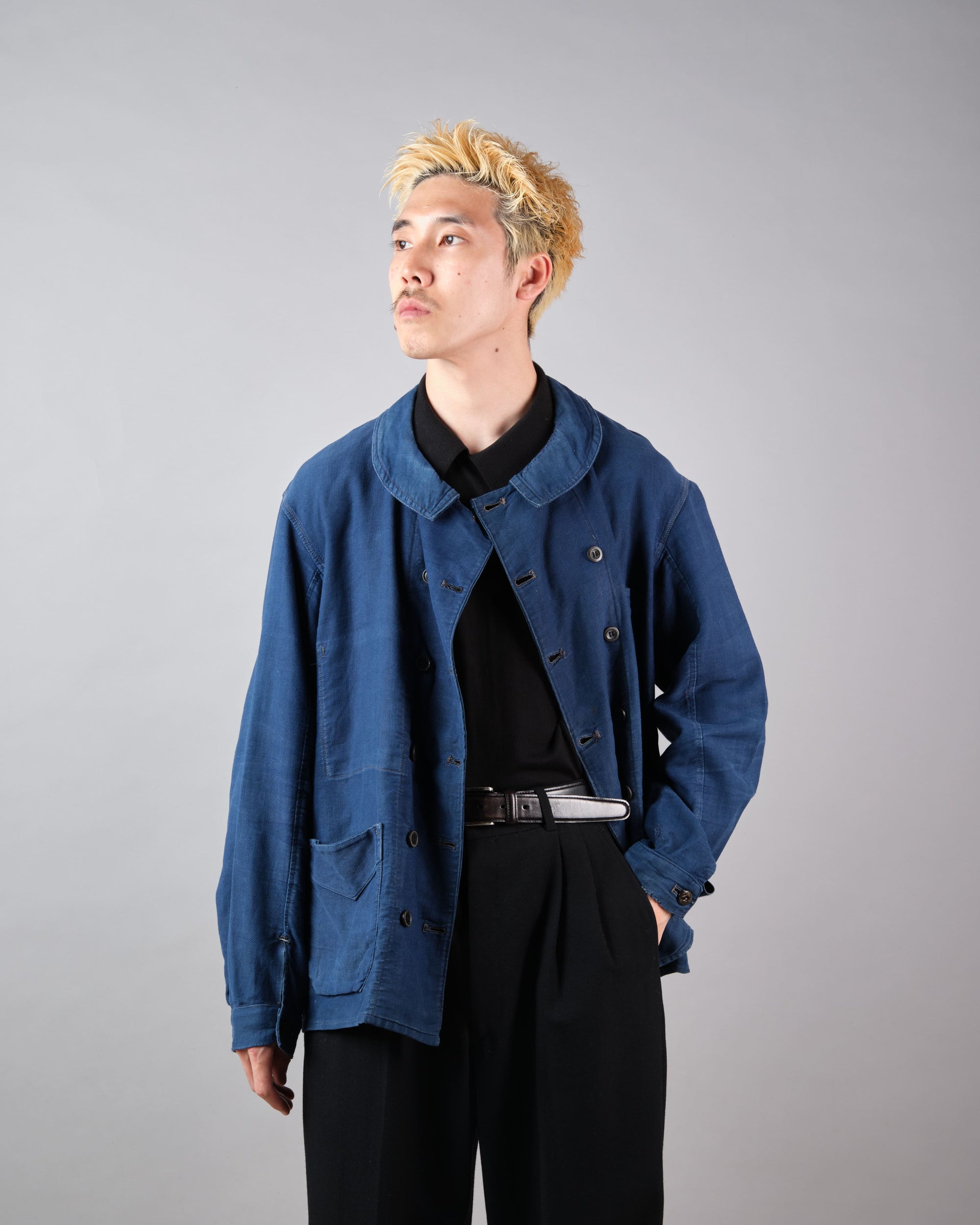 ［~30's］French Vintage Deep Blue Cotton Thin Twill Double Breasted Work Jacket "12 Buttons" "Homemade"