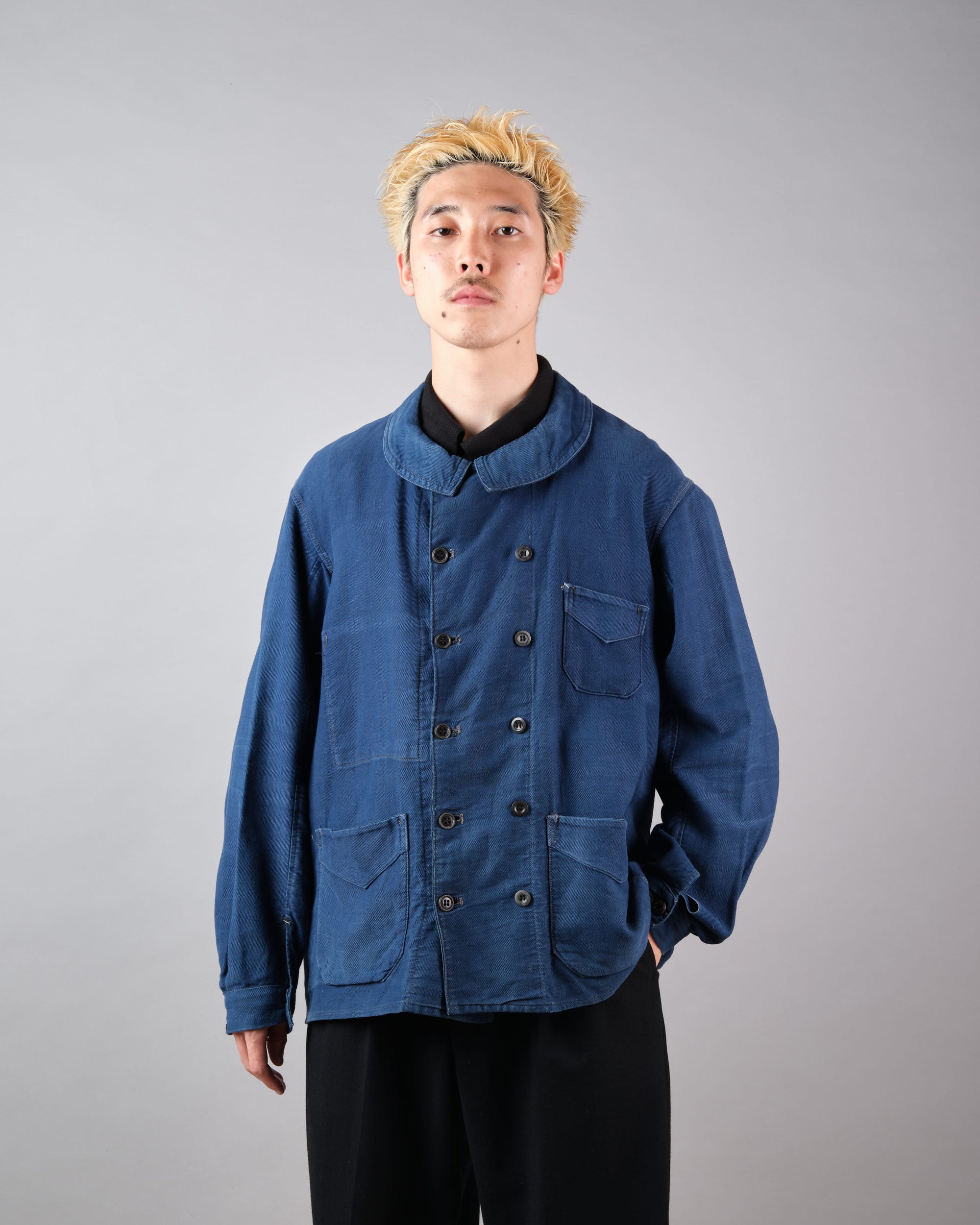 ［~30's］French Vintage Deep Blue Cotton Thin Twill Double Breasted Work Jacket "12 Buttons" "Homemade"