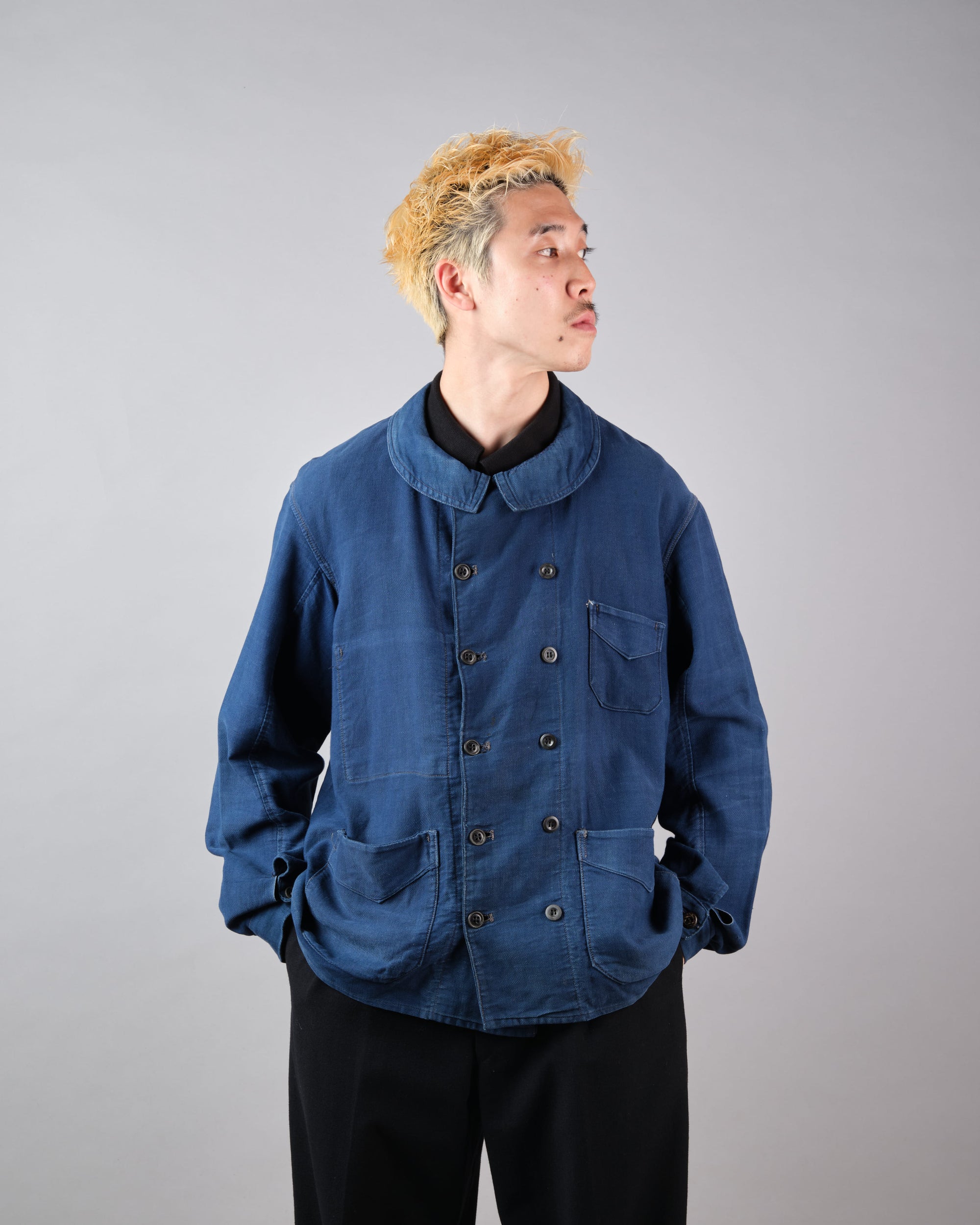 ［~30's］French Vintage Deep Blue Cotton Thin Twill Double Breasted Work Jacket "12 Buttons" "Homemade"