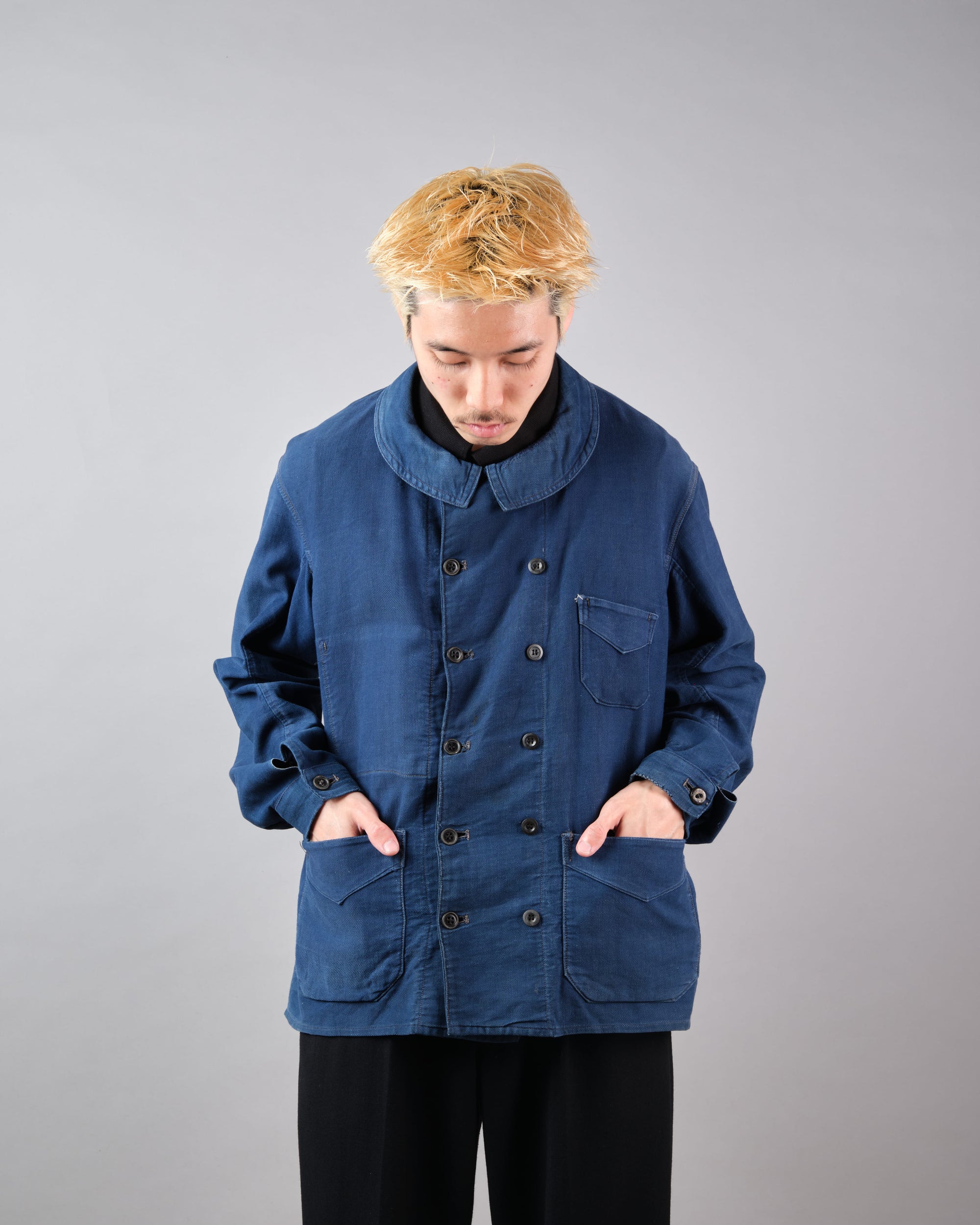 ［~30's］French Vintage Deep Blue Cotton Thin Twill Double Breasted Work Jacket "12 Buttons" "Homemade"