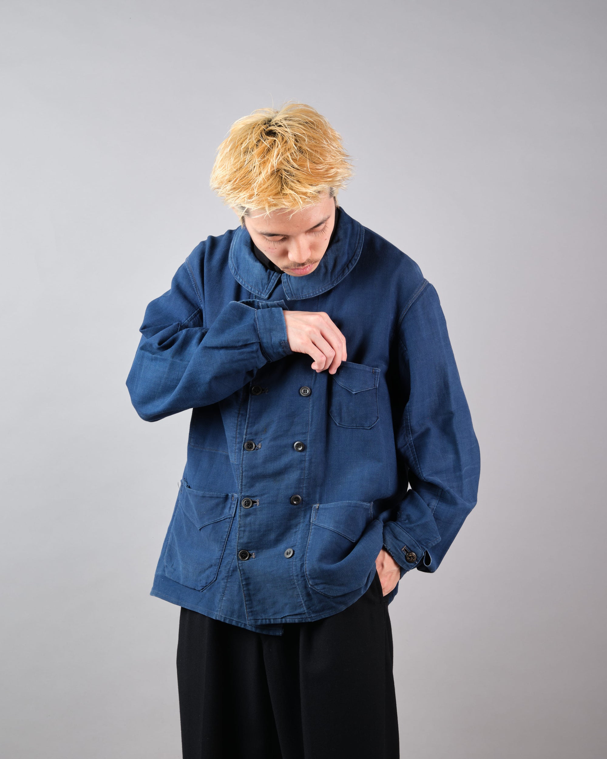 ［~30's］French Vintage Deep Blue Cotton Thin Twill Double Breasted Work Jacket "12 Buttons" "Homemade"