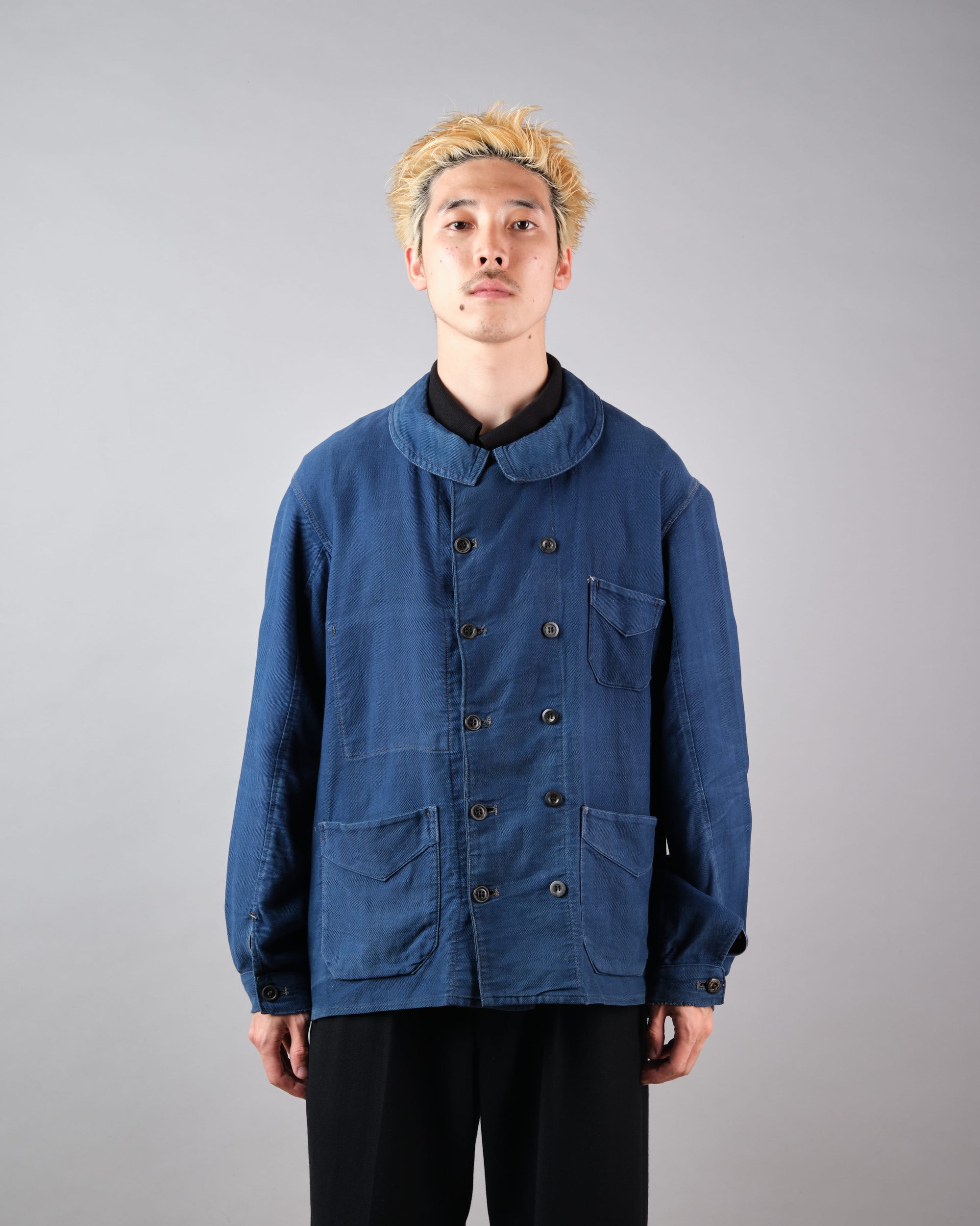 ［~30's］French Vintage Deep Blue Cotton Thin Twill Double Breasted Work Jacket "12 Buttons" "Homemade"