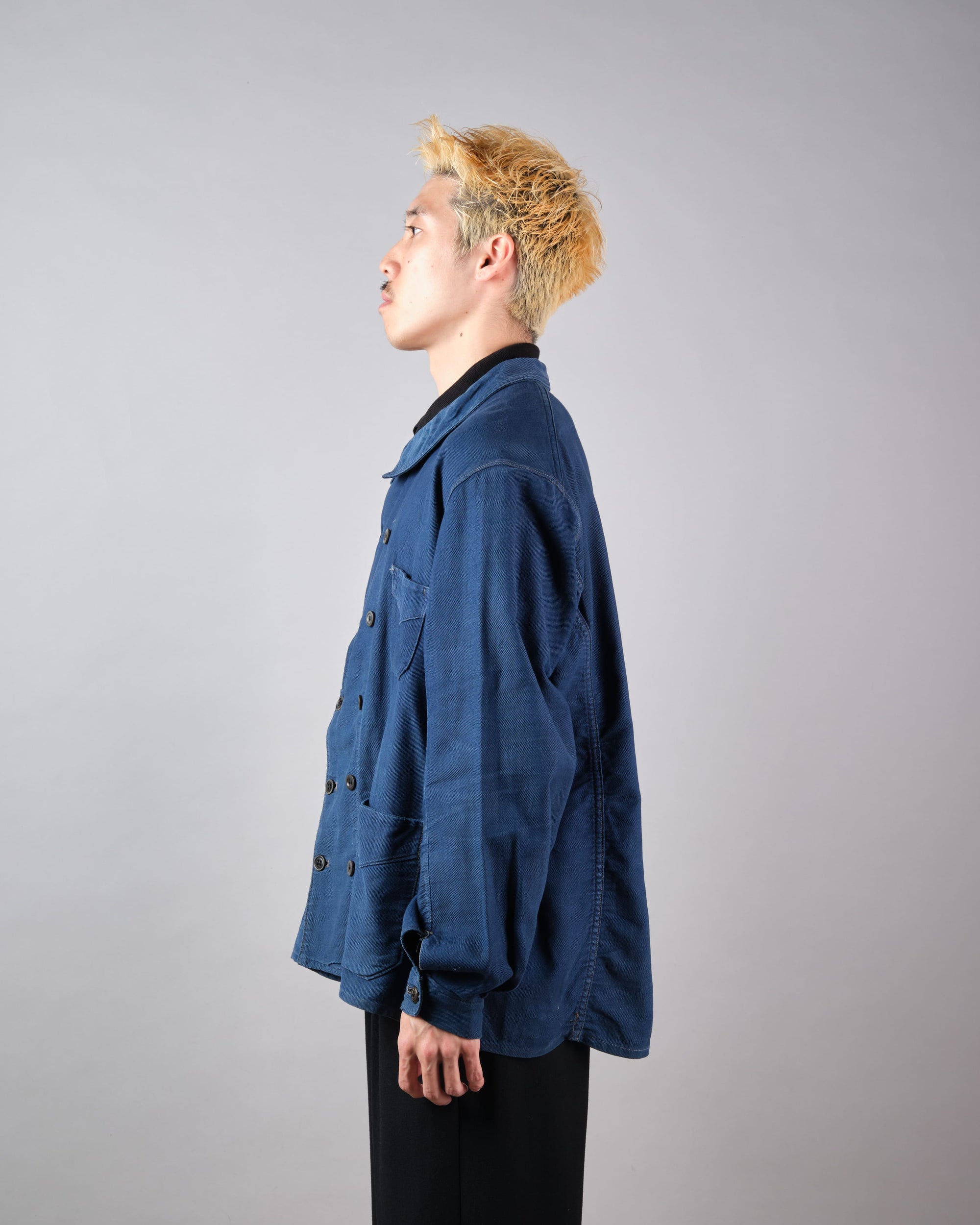 ［~30's］French Vintage Deep Blue Cotton Thin Twill Double Breasted Work Jacket "12 Buttons" "Homemade"