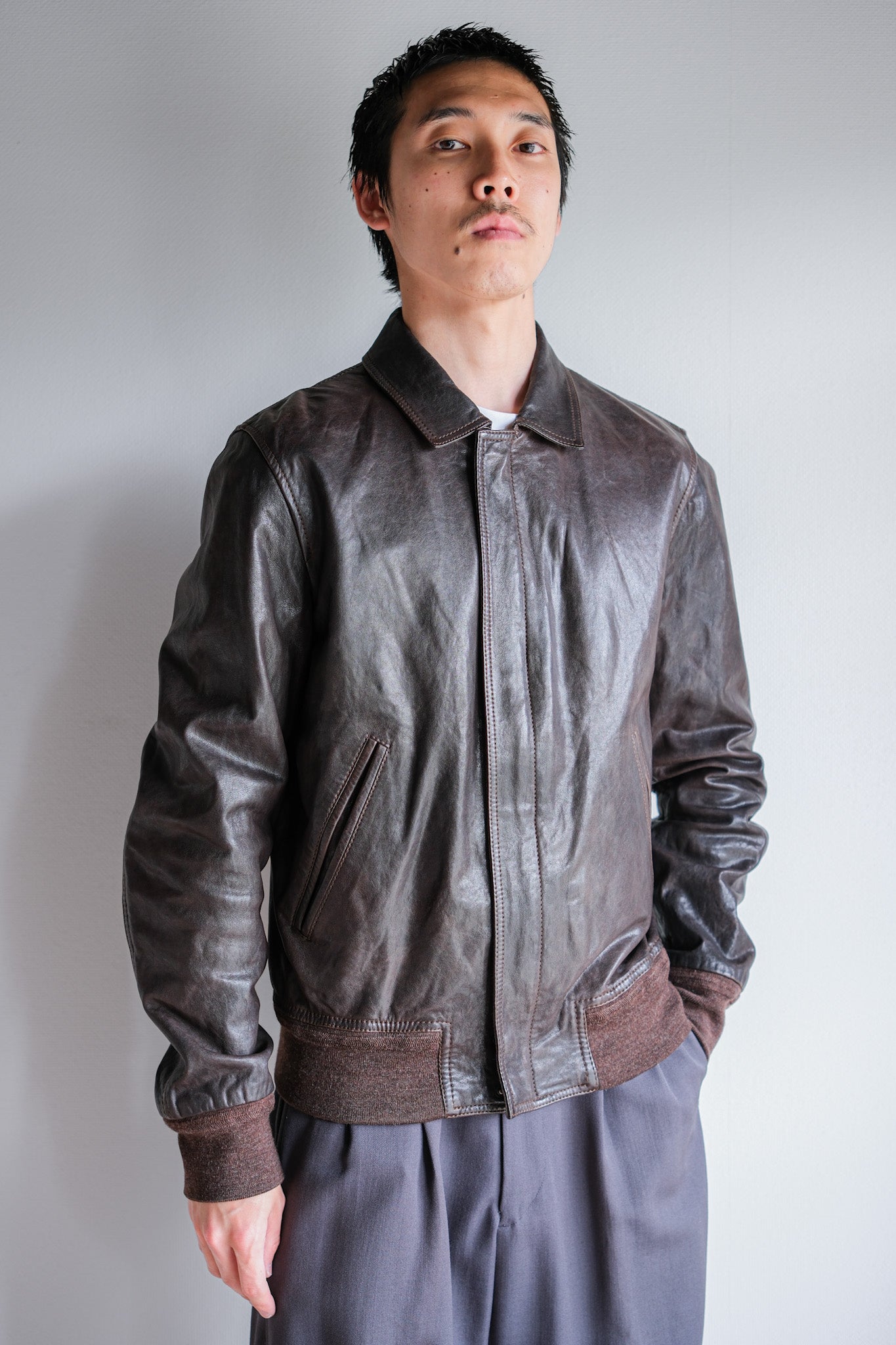 [~2010's] Old PRADA LINEA ROSSA Brown Leather Blouson Size.48 "PRADA SPORT"