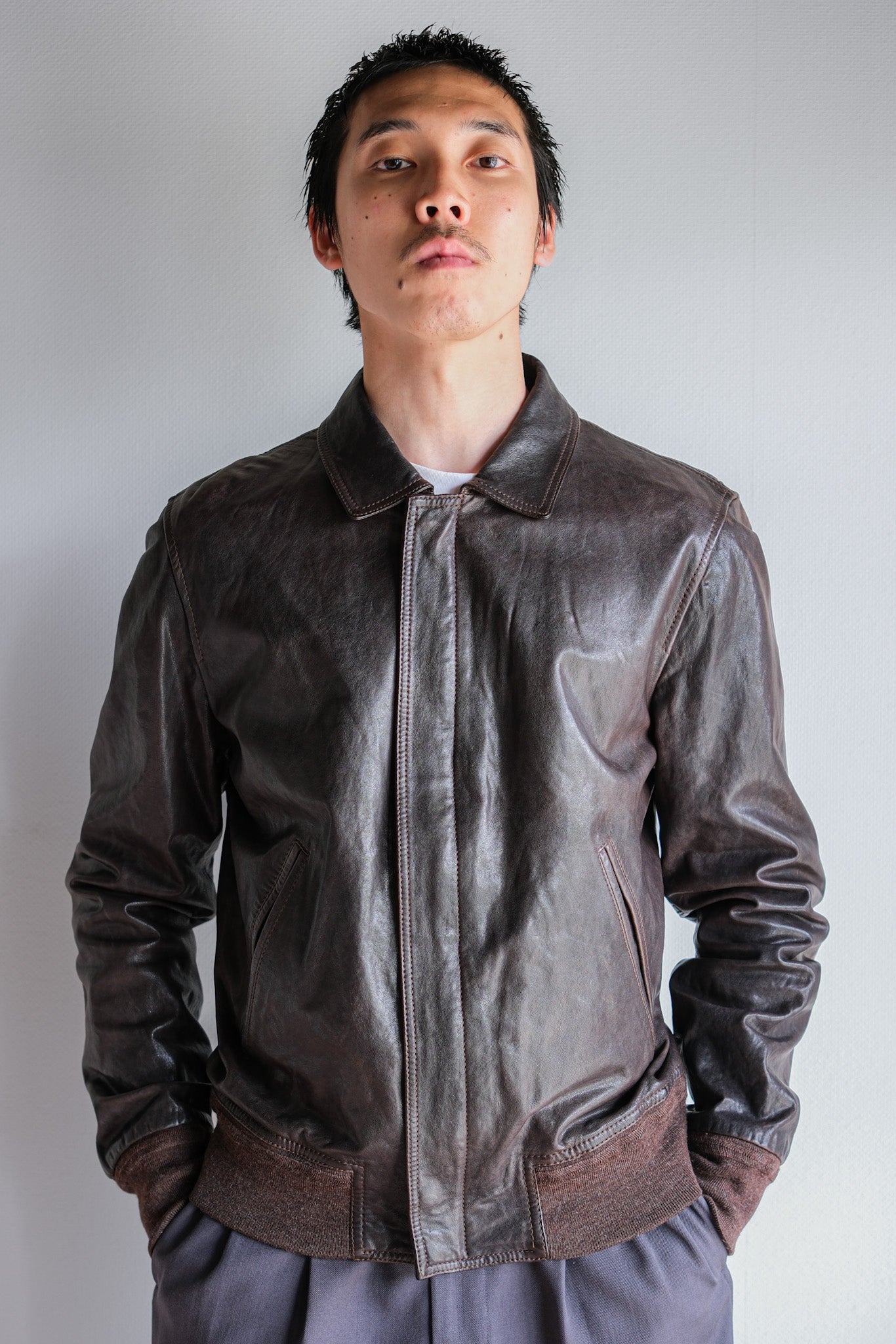 [~2010's] Old PRADA LINEA ROSSA Brown Leather Blouson Size.48 "PRADA SPORT"