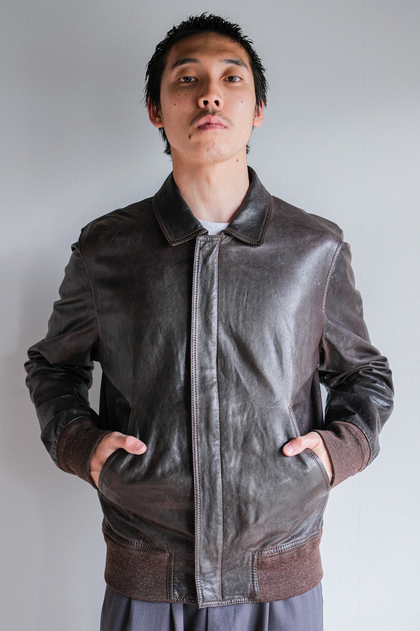 [~2010's] Old PRADA LINEA ROSSA Brown Leather Blouson Size.48 "PRADA SPORT"