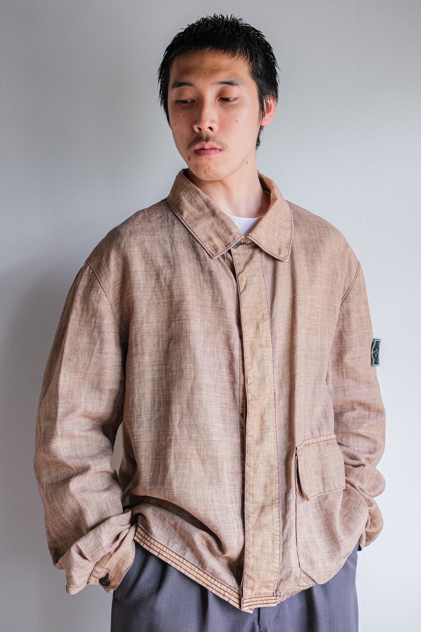 [97SS] Old Stone Island Garment 염색 된 Lino 아마면 재킷 크기 .L "Green Edge"