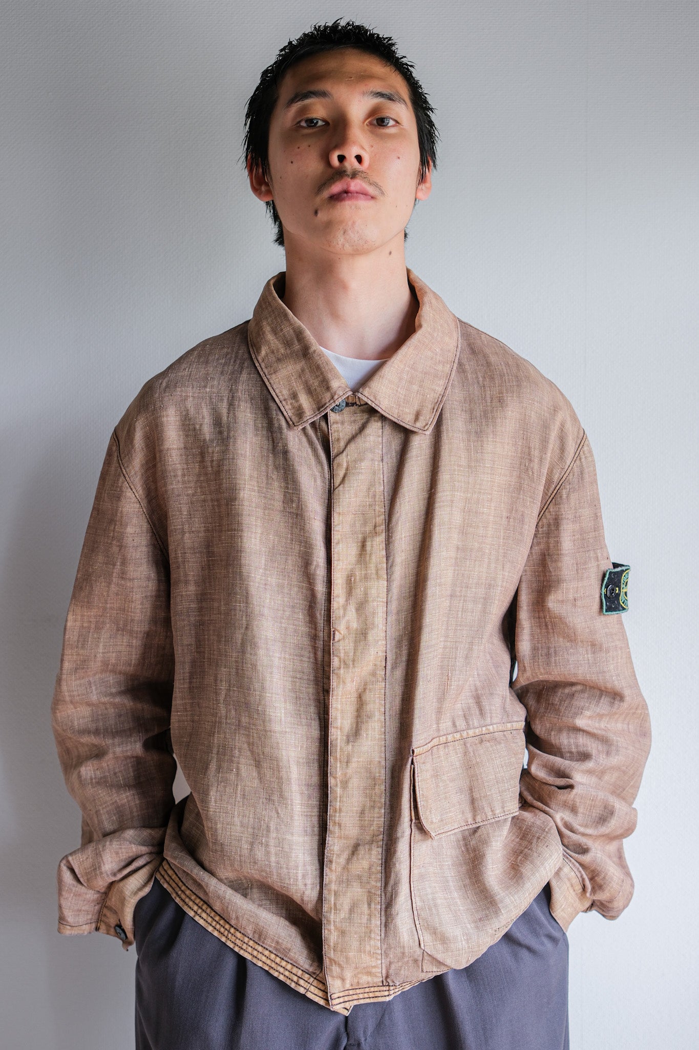 [97SS]舊石島服裝染色Lino亞麻棉夾克尺寸。L“綠色邊緣”