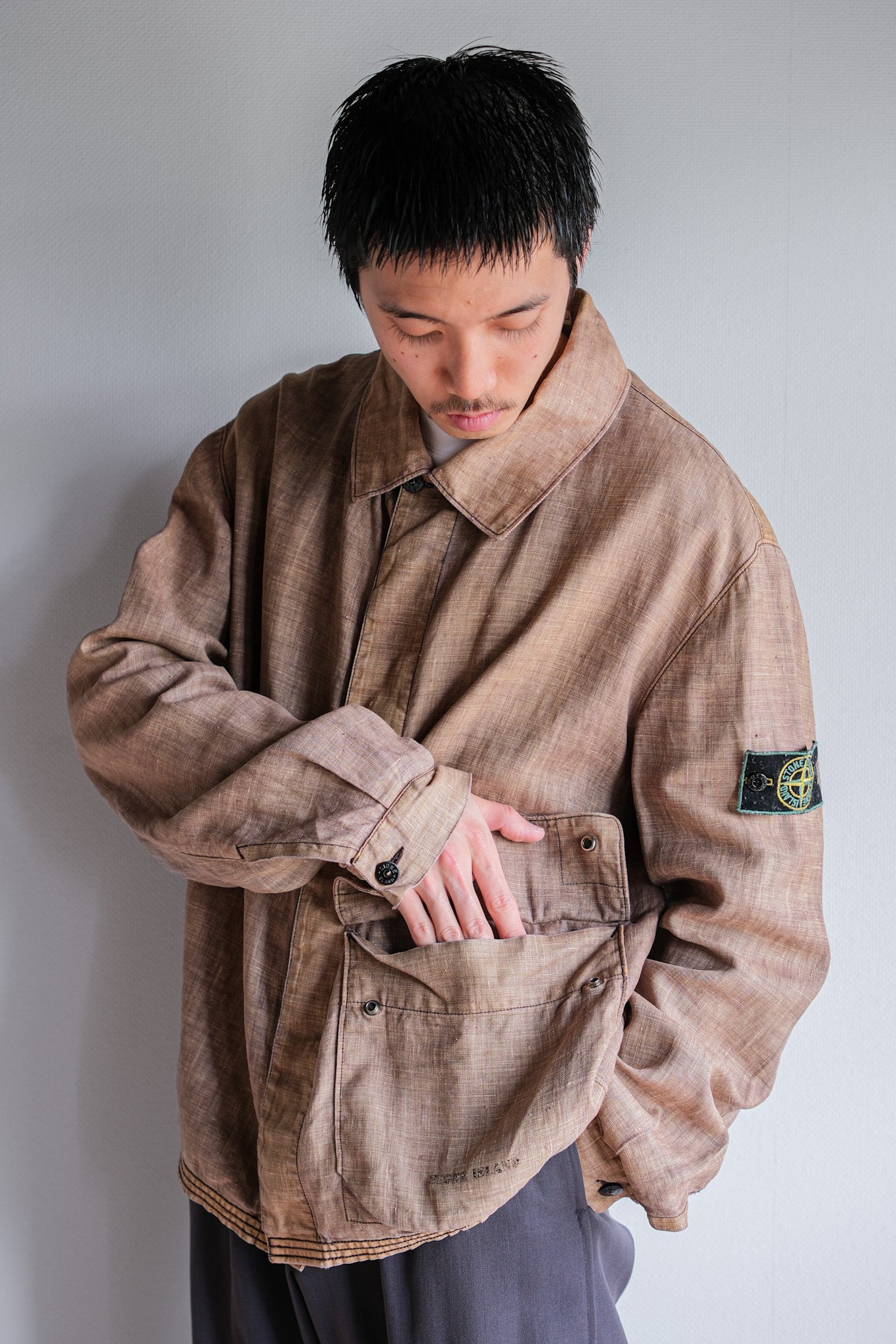 [97SS] Old Stone Island Garment 염색 된 Lino 아마면 재킷 크기 .L "Green Edge"
