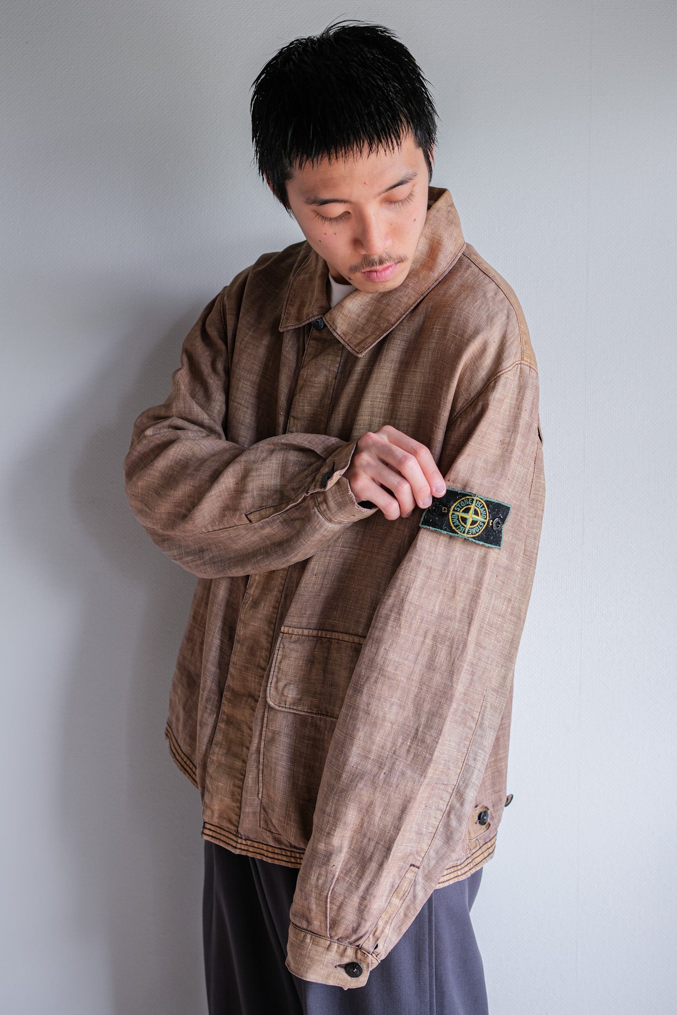 [97SS] Old Stone Island Garment 염색 된 Lino 아마면 재킷 크기 .L "Green Edge"