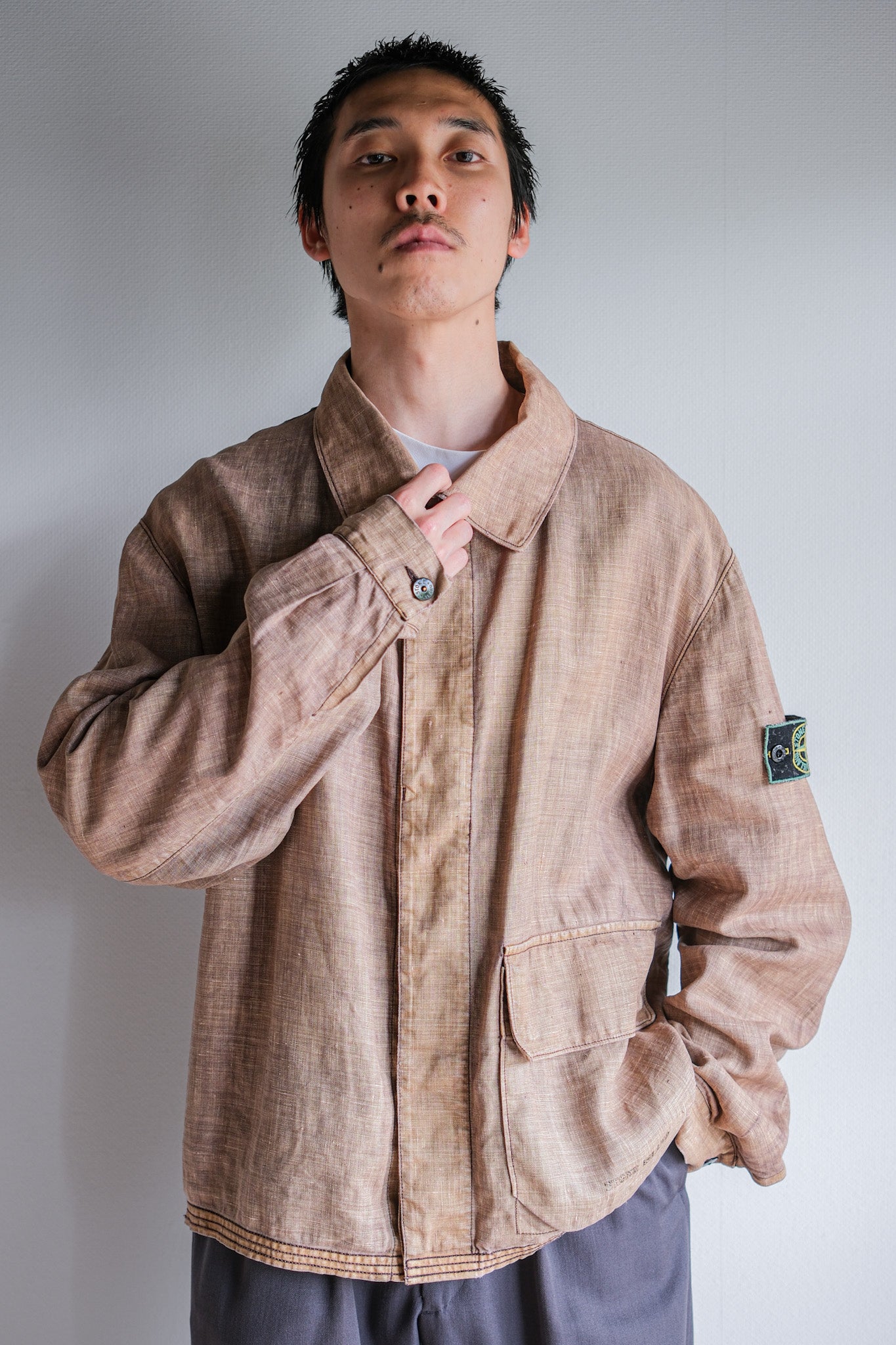 [97SS] Old Stone Island Garment 염색 된 Lino 아마면 재킷 크기 .L "Green Edge"