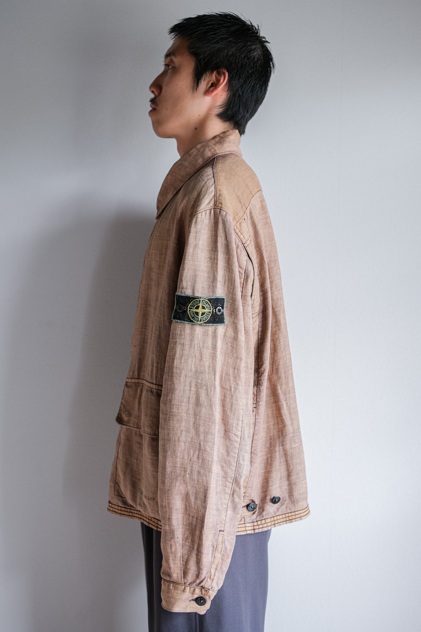 [97SS] Old Stone Island Garment 염색 된 Lino 아마면 재킷 크기 .L "Green Edge"