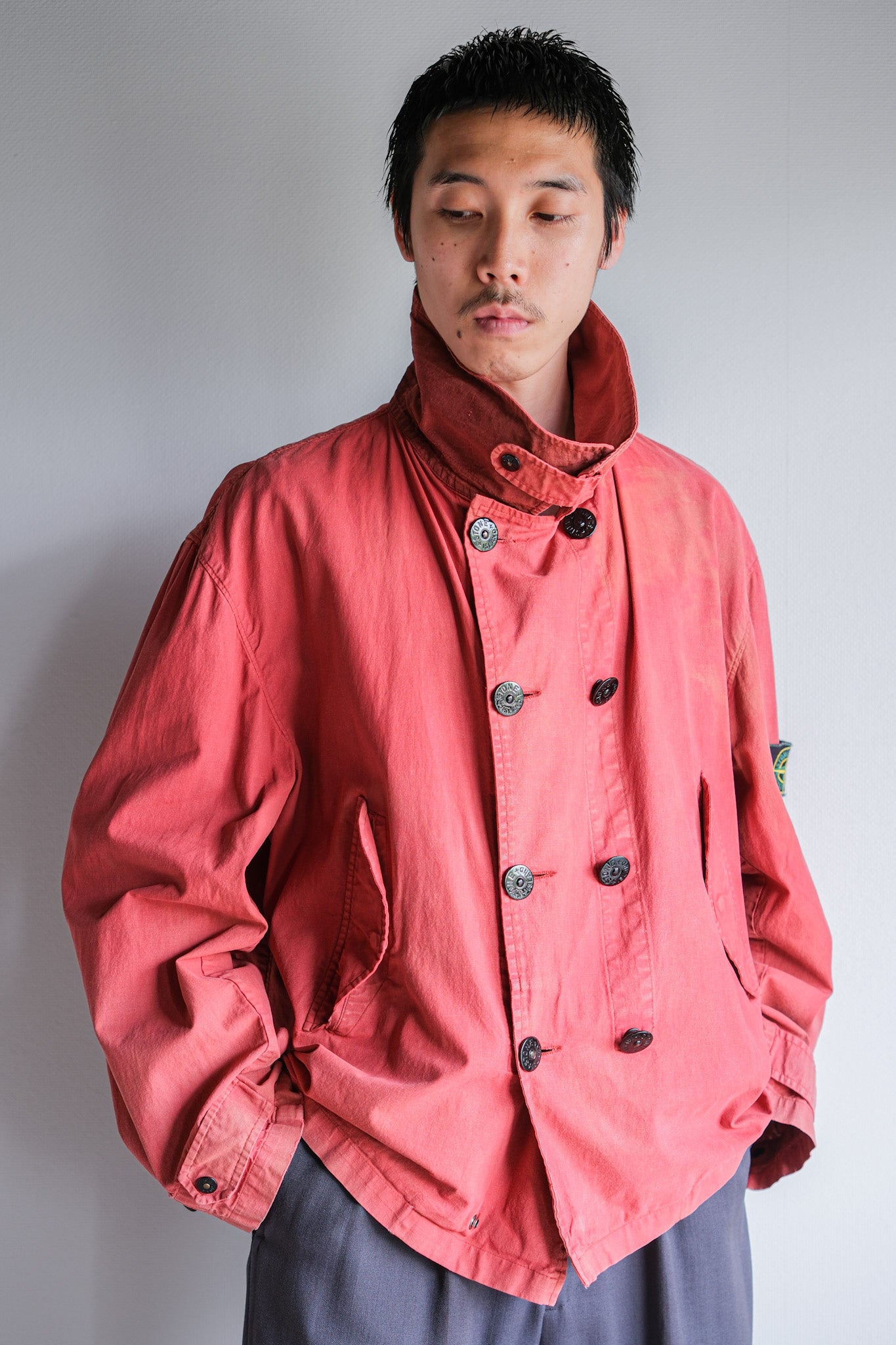 ［94SS］Old STONE ISLAND Garment Dyed Double Breasted Cotton Jacket Size.L "Green Edge"